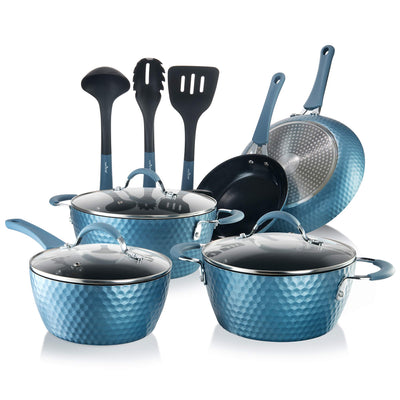 NutriChef 11 Pc Pots and Pans Set Non Stick Cookware with Ceramic Coating, Ergonomic Handles, Induction Ready, Includes Saucepan, Dutch Oven, Large & Small Fry Pans, Royal Blue