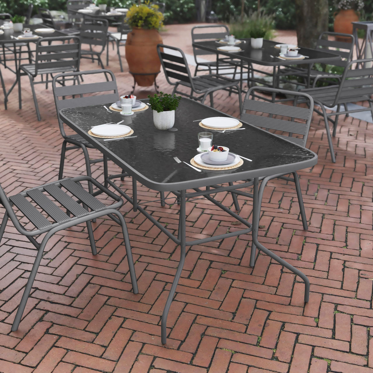 Flash Furniture Tory 31.5" x 55" Rectangular Tempered Glass Metal Table with Umbrella Hole, Silver Flash Furniture