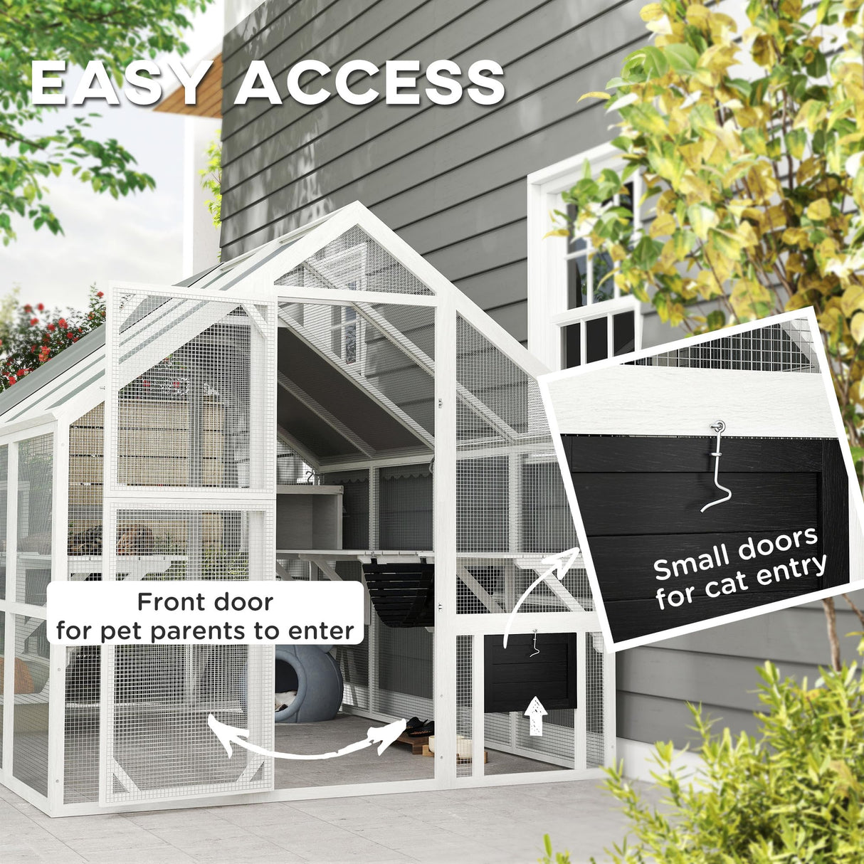 PawHut Large Catio Outdoor Cat Enclosure for Multiple Kittens, Wooden Cat House with Waterproof Cover, Walk in Kitty Cage Kennel with 2 Condos, 6 Platforms, Bridge, Doors, 110" x 73" x 74", White PawHut