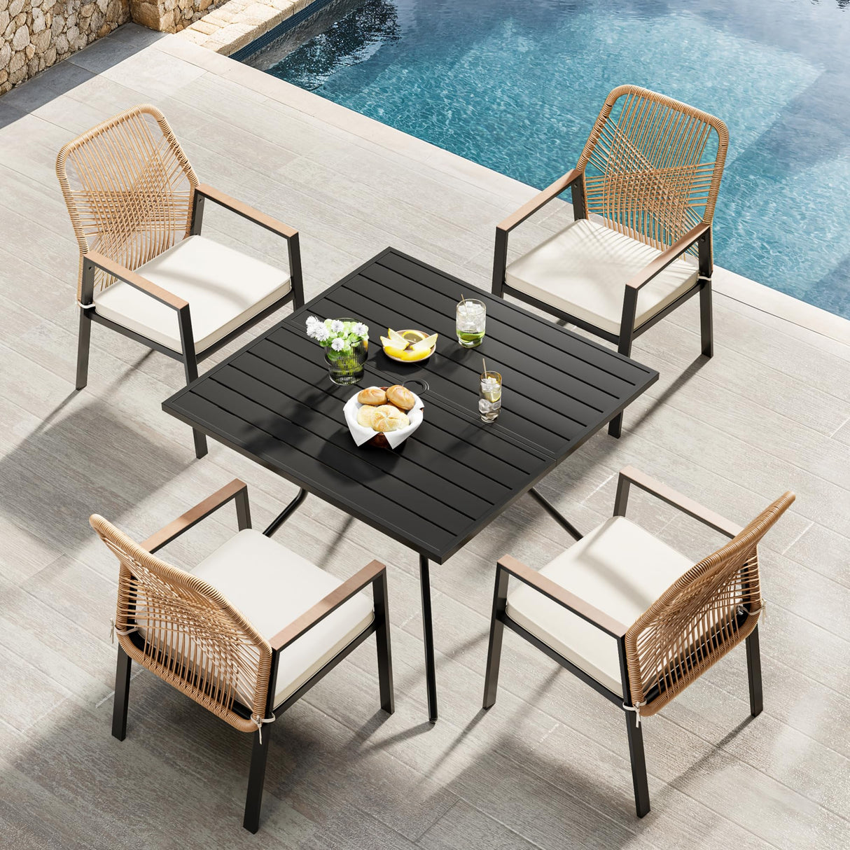 SUNCOZE Outdoor Patio Dining Set, 5 Pieces Rattan Patio Table and Chairs Set with Cushion and Umbrella Hole, Wicker Outdoor Patio Furniture Sets of 4 for Backyard and Porch, Beige SUNCOZE