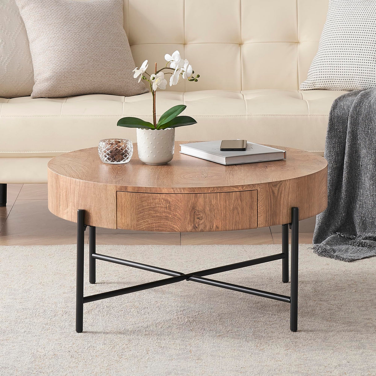 IDEALHOUSE Round Coffee Table Living Room Wood Center Table with Two Drawers Farmhouse Coffee Table Rustic Circle Cocktail Table Metal Legs, Easy Assembly, Natural IDEALHOUSE