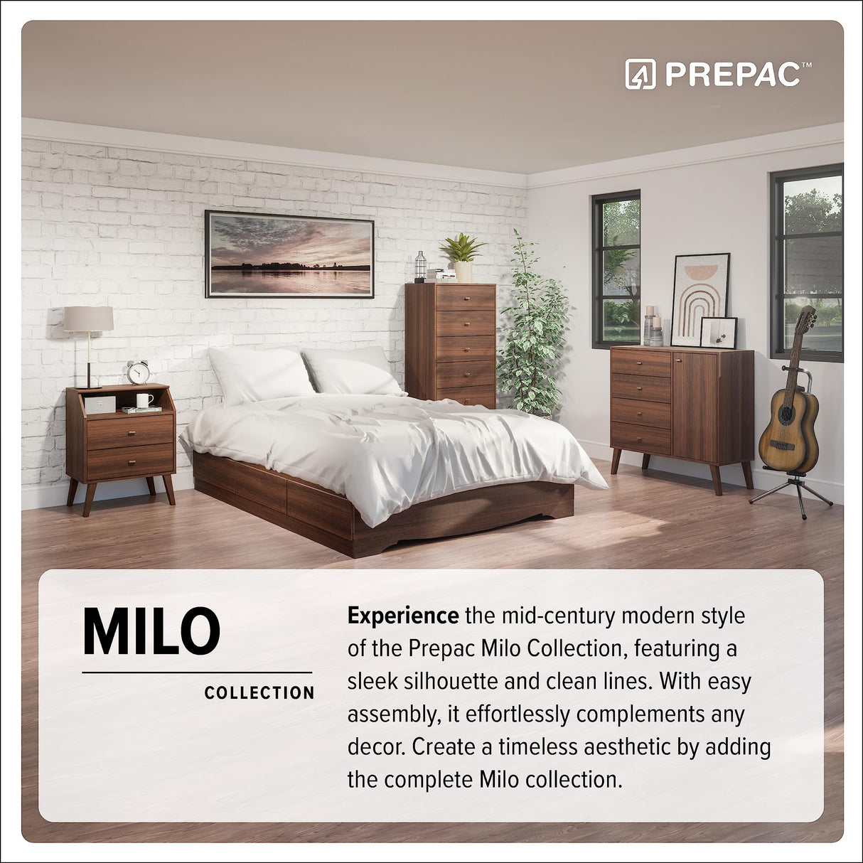 Prepac Milo Mid-Century Modern 2 Drawer Nightstand, Bedside Table, Contemporary Bedroom Furniture, 16"D x 25"W x 25"H, Cherry Prepac