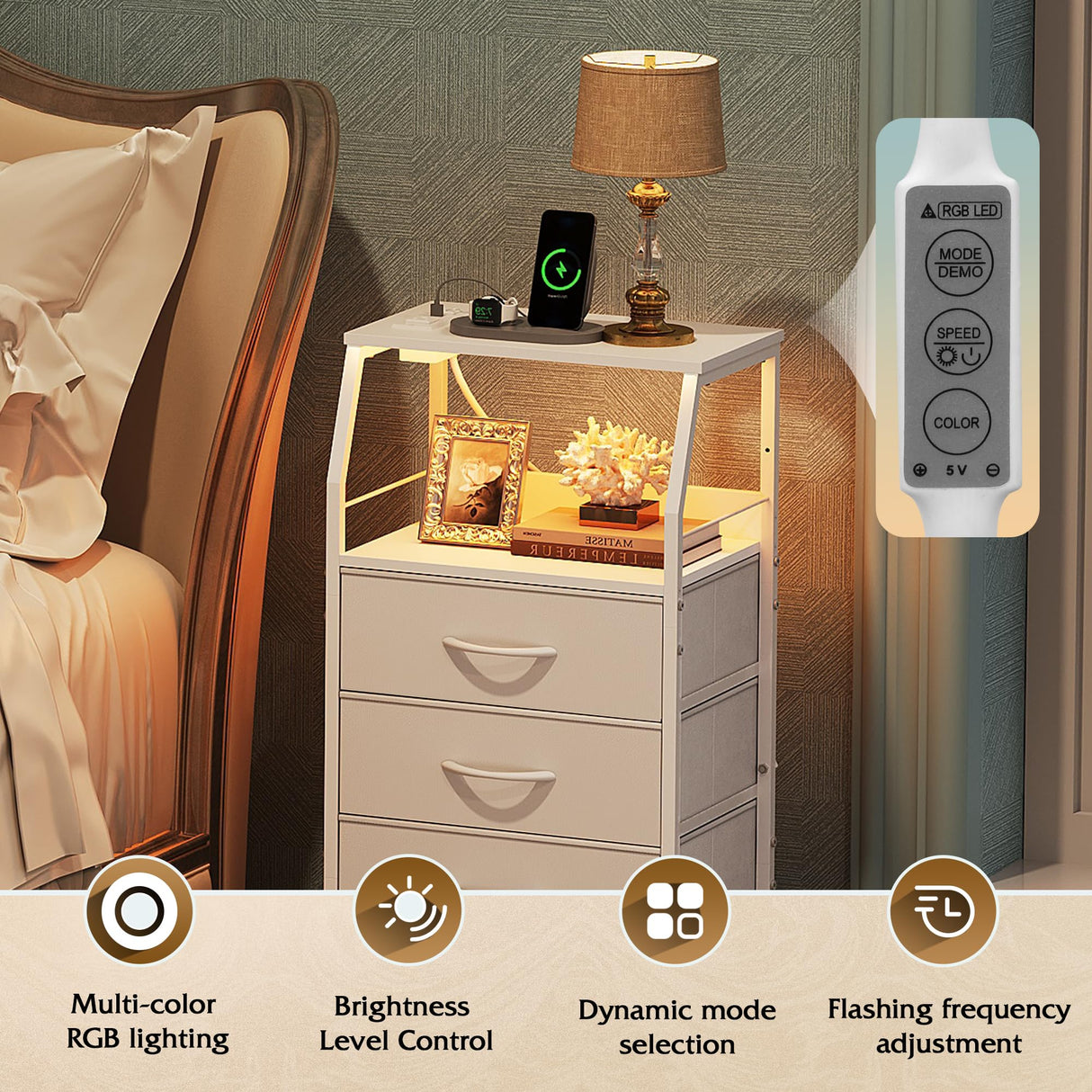 WLIVE Night Stand Set of 2 with Charger Station, White Nightstand Sets with LED Light and 4 Storage Drawers, Tall Dressers for Bedroom, Bedside Table Set with Fabric Bins, Wood Shelf, Metal Frame WLIVE