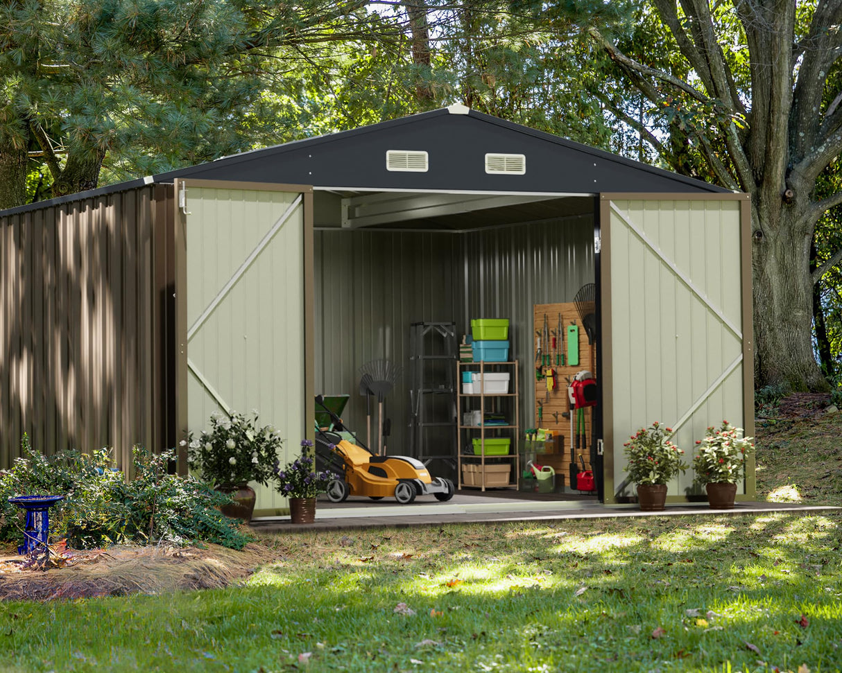Greesum Metal Outdoor Storage Shed 10FT x 10FT, Steel Utility Tool Shed Storage House with Door & Lock, Metal Sheds Outdoor Storage for Backyard Garden Patio Lawn (10' x 10'), Brown Greesum