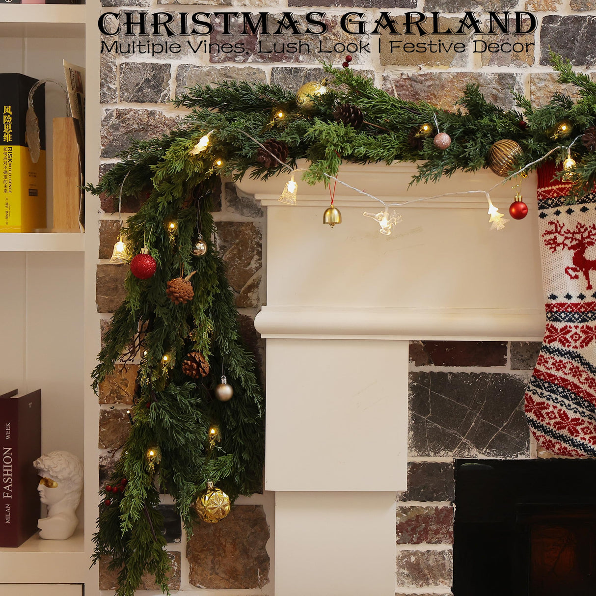 6 Feet Artificial Christmas Garland - Real Touch Cedar Garland - Christmas Decorations for Table,Fireplace,Mantle,Wall, Indoor Outdoor -Garland for Christmas Decorations - Free Battery LED Lights WHANLEY L&Q