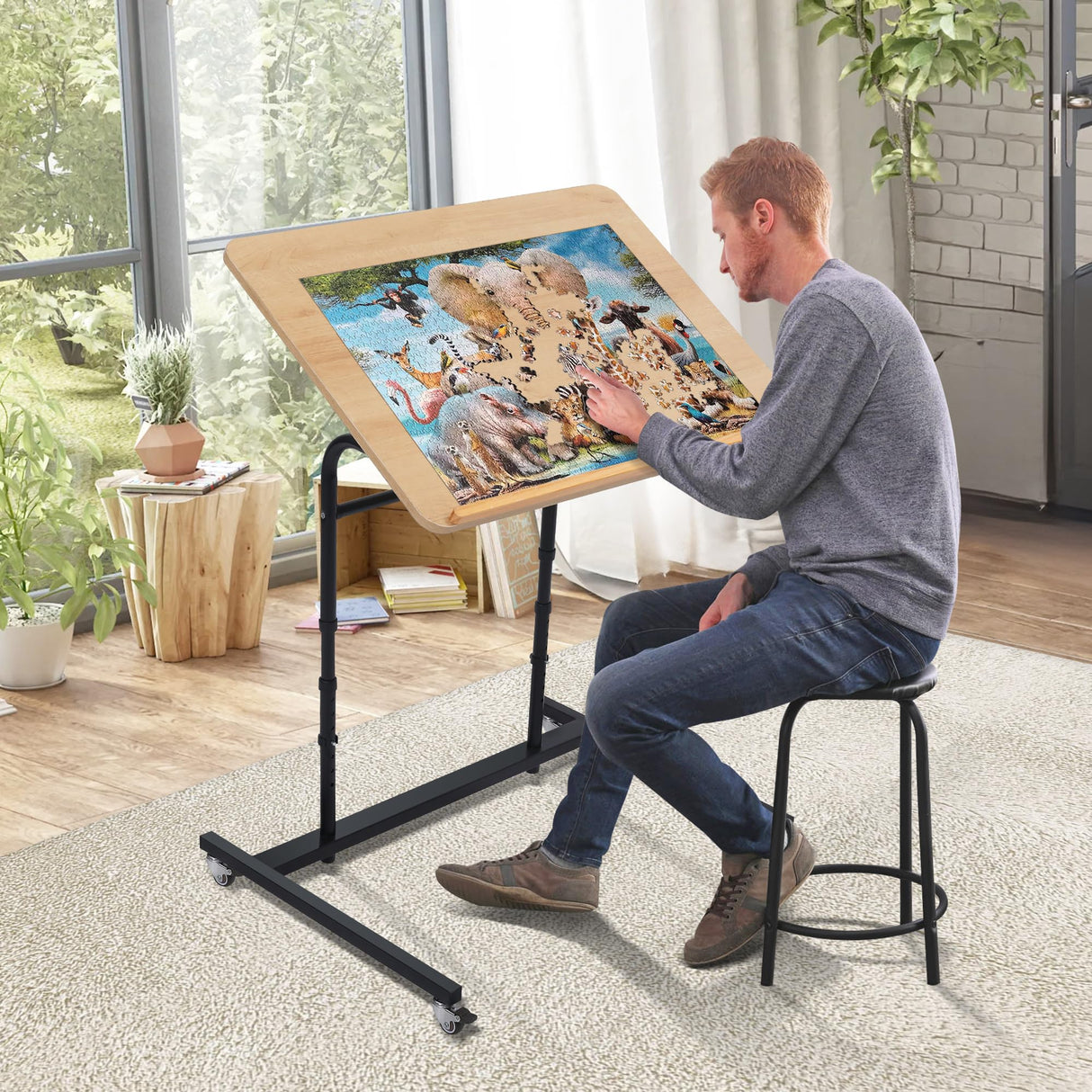 KROFEM Rolling Jigsaw Puzzle Table with Wheels, Adjustable Height, Pneumatic Tilt, Extra Large for 1500 Pieces, Portable Puzzle Cart, Black KROFEM