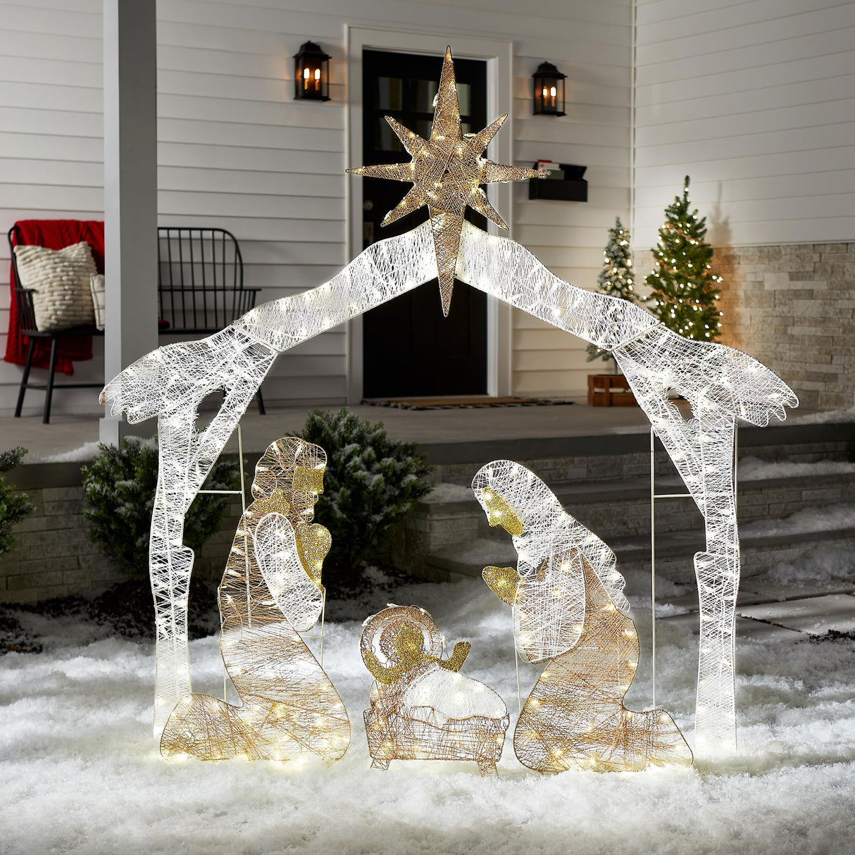 National Tree Company Pre-lit Artificial Christmas Décor - Includes Pre-strung White Mini White Lights and Ground Stakes - Crystal Holy Family Nativity - 6 ft National Tree Company