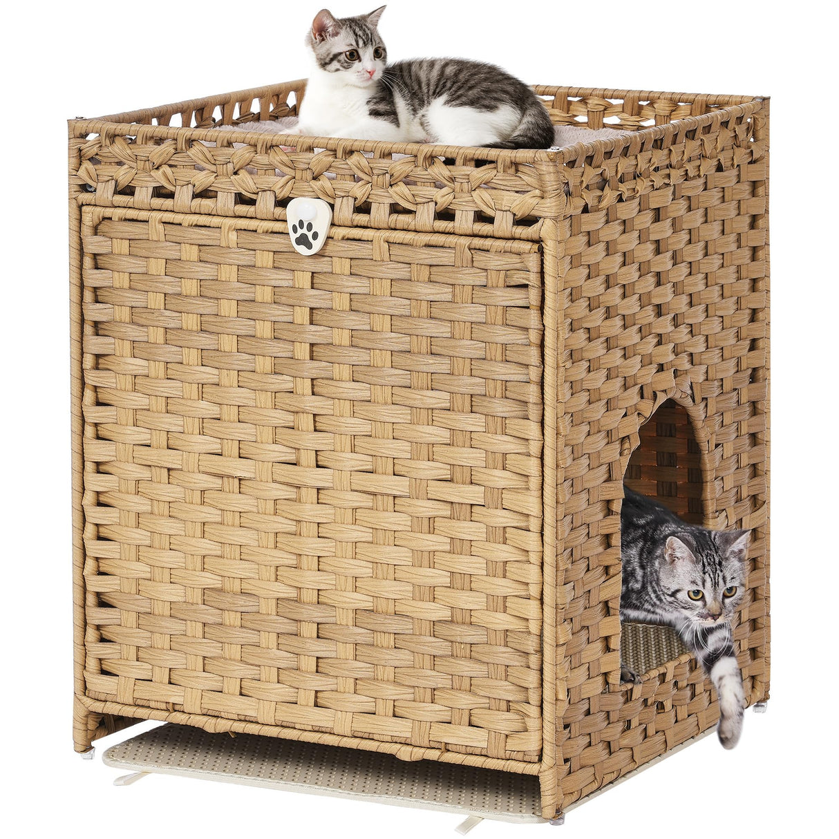 Cat Litter Box Enclosure with Soft Litter Mat; Hidden Cat Washroom Furniture with Door; Handwoven Rattan Cat House; Pet Crate for Living Room, Bedroom, Balcony (Natural) Honiakaka