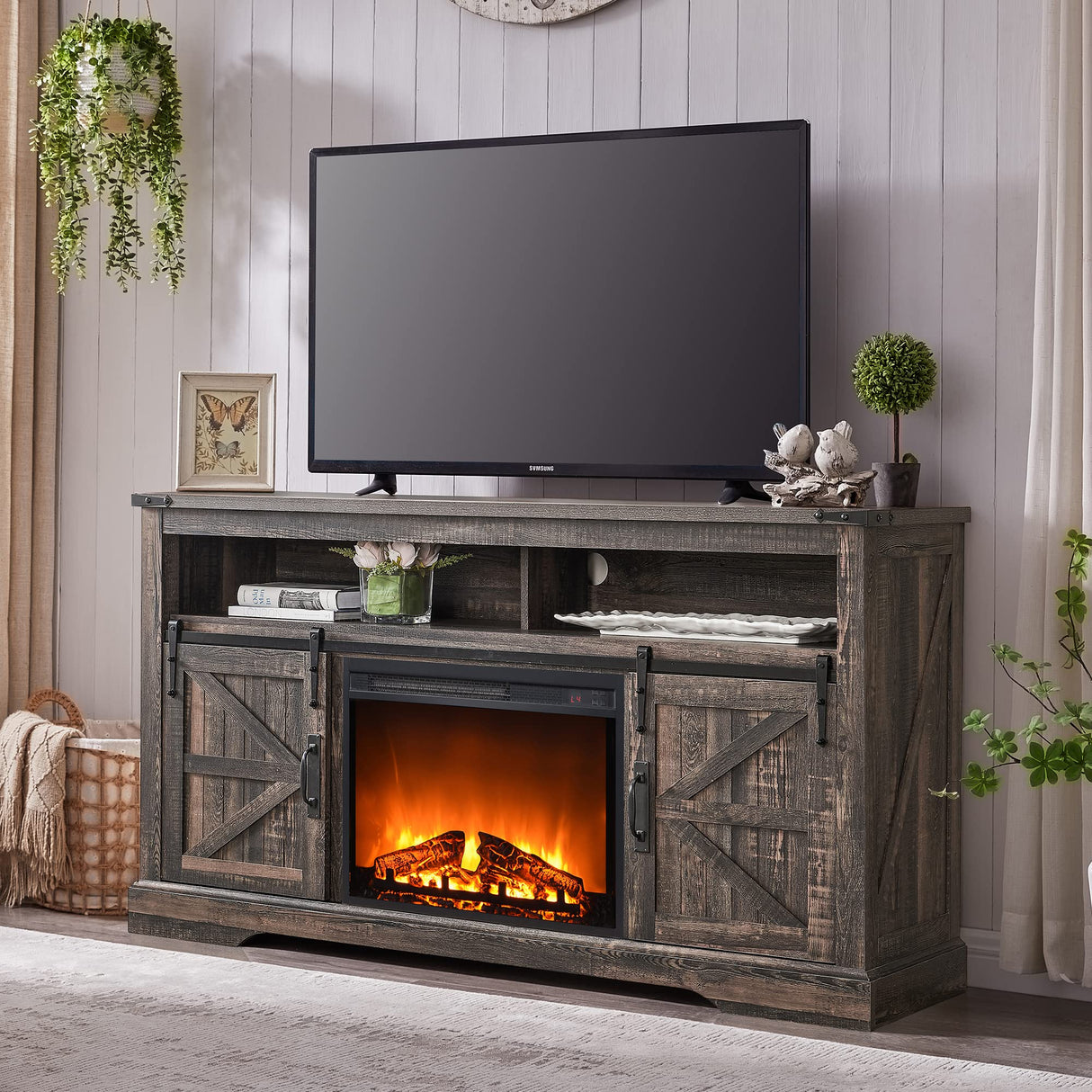 OKD Fireplace TV Stand for 65+ Inch TV, 33" Tall Highboy Farmhouse Entertainment Center w/ 23'' Electric Fireplace, Rustic Media Console w/Sliding Barn Door for Living Room, Dark Rustic Oak OKD