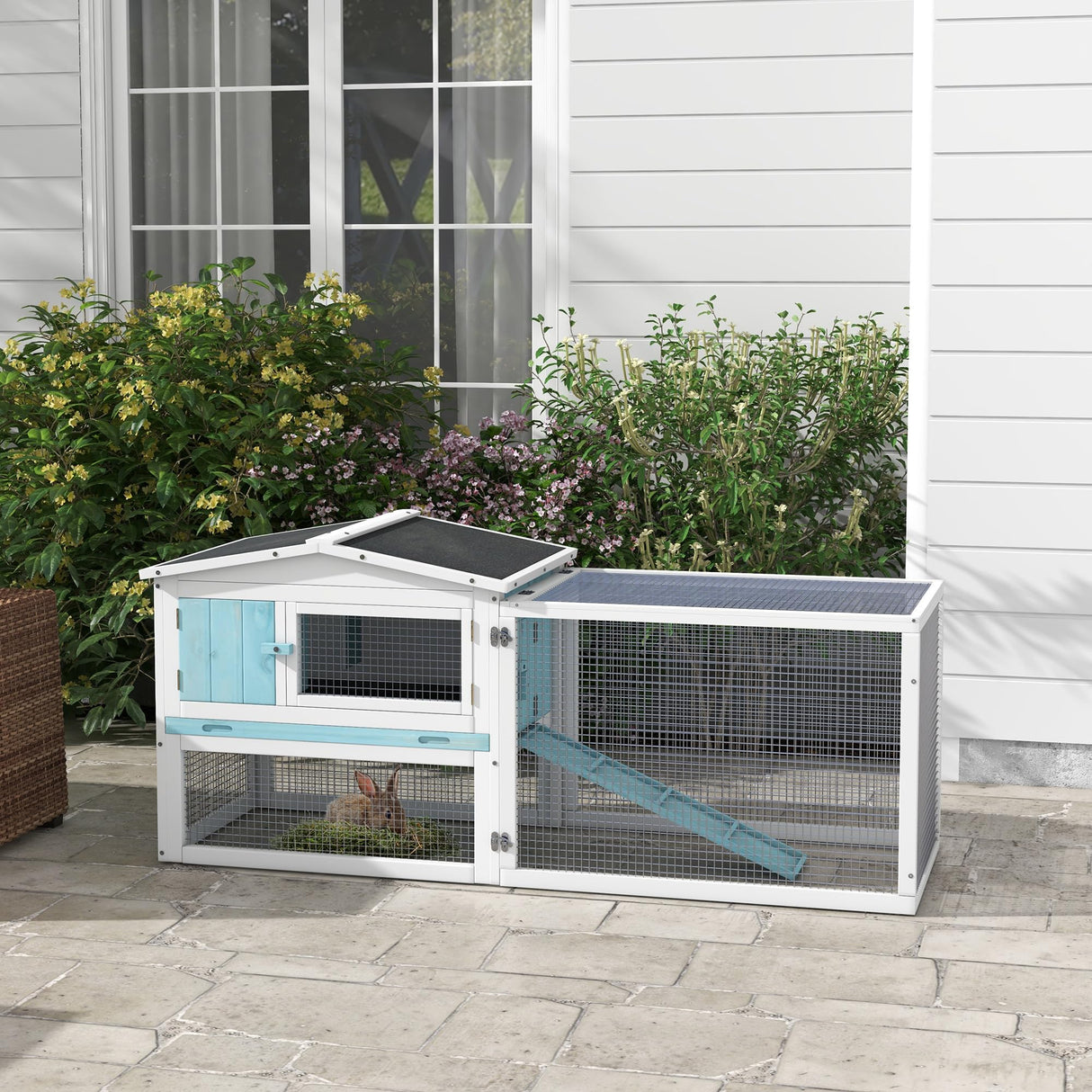PawHut Rabbit Hutch 2-Story Bunny Cage, Guinea Pig Cage Indoor Outdoor, Small Animal House with Slide Out Tray, for Rabbits, Chickens, Ducks, 61.5" x 23" x 27", Light Blue PawHut