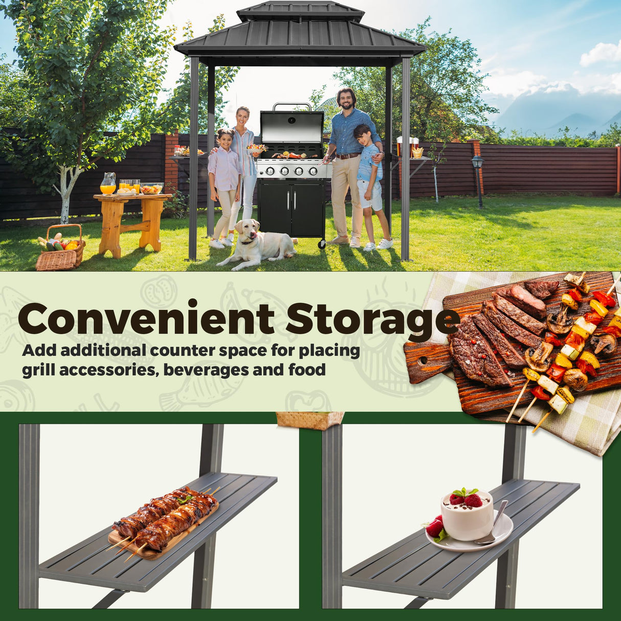 MELLCOM 8' x 6' Grill Gazebo, Outdoor Patio Gazebo with Galvanized Steel Double Roof, Hardtop Barbecue Gazebo with 2 Side Shelves and Ceiling Hook for Deck Lawn Backyard Garden (Black) MELLCOM