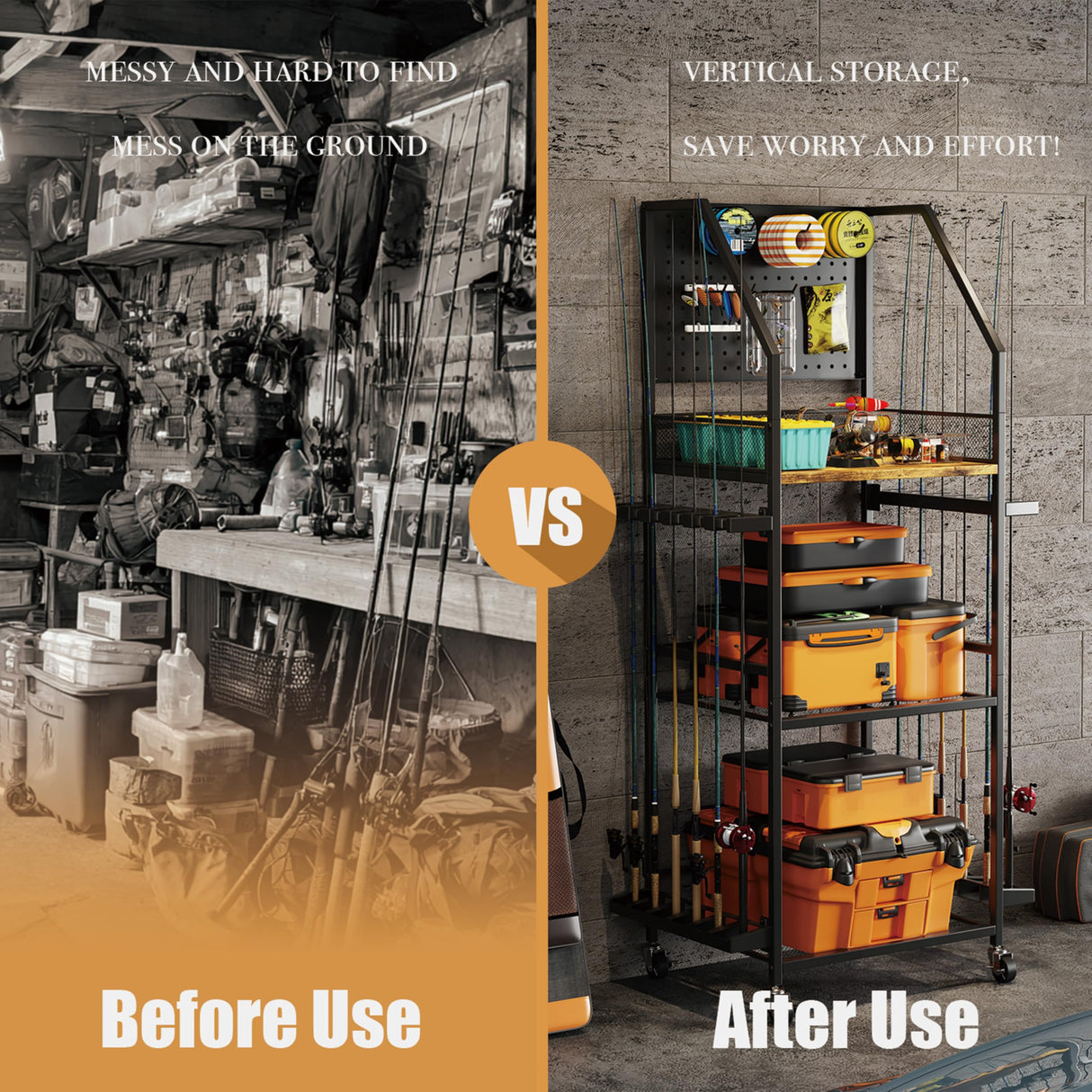 AQNTQCN Fishing Rod Holders for Garage, Fishing Pole Holders, 3-Tier Fishing Pole Rack Holds 12 Rods with Wheels for Garage, Basement or Indoor, For Fishing Rod Tackle Box Storage AQNTQCN