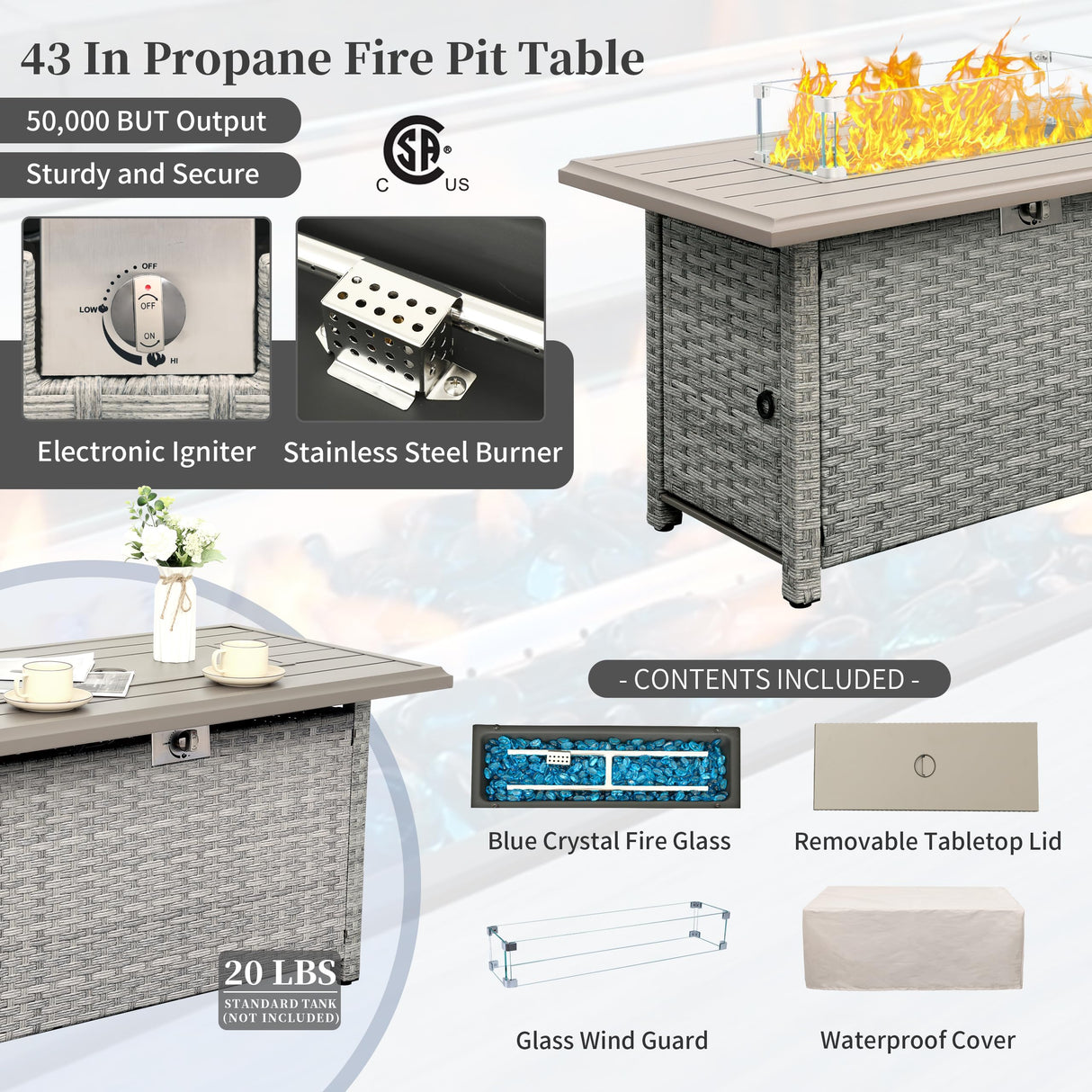 WAROOM Patio Furniture Set Gray Rattan 7 Pieces Outdoor Sectional Sofa PE Wicker Conversation Chairs with Propane Fire Pit Table and Non-Slip Thick Grey Cushion WAROOM