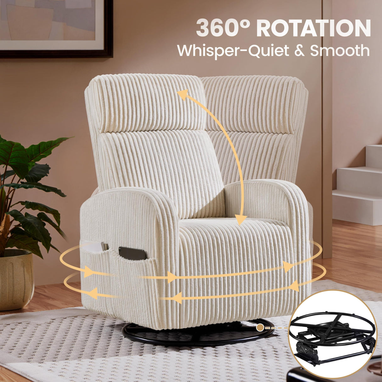 Yaheetech 360° Swivel Glider Chair for Nursery, Rocking Chair Nursing Chair with Side Pockets, Corduroy Glider for Living Room with High Back Beige Yaheetech
