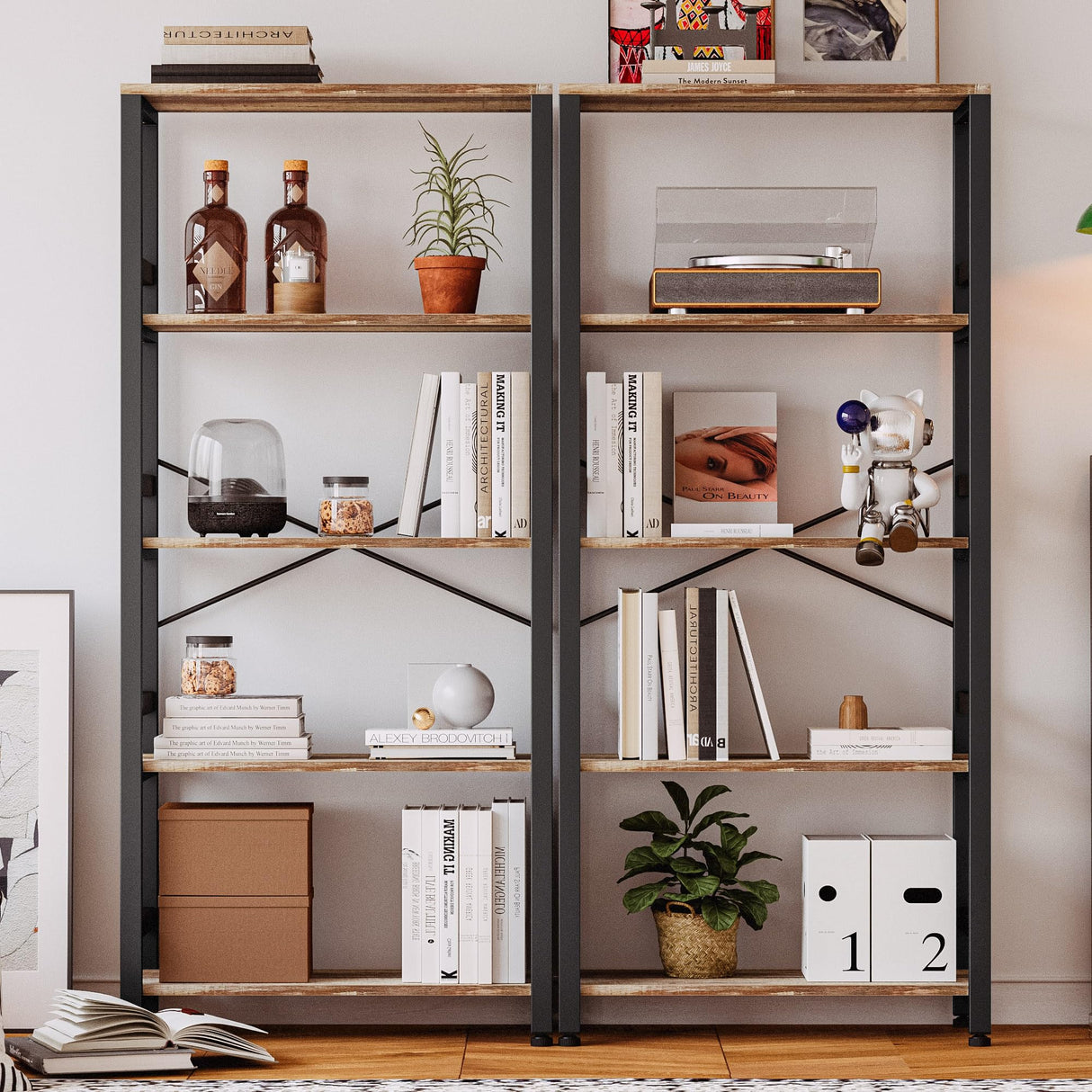 IRONCK 5-Tier Vintage Industrial Ladder Bookshelf - 31.5in Wide, Rustic Brown Design IRONCK