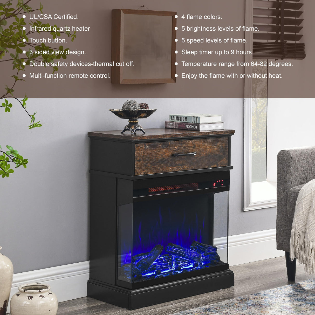 25" Electric Fireplace Side Table with Infrared Quartz Heater, 3-Sided Glass Fireplace Heater w/Remote Control & 9H Timer, Thermostat, Overheat Protection, Electric Fire Place for Indoor, 1500W Tomkate