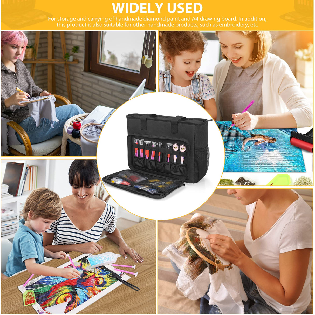 TORIBIO Carrying Bag for Diamond Painting A4 LED Light Pad, Diamond Painting Tools Storage Bag, Embroidery Protective Case for Embroidery Floss and Supplies, 15.4"x12.2"x4.7", Black,Bag Only TORIBIO