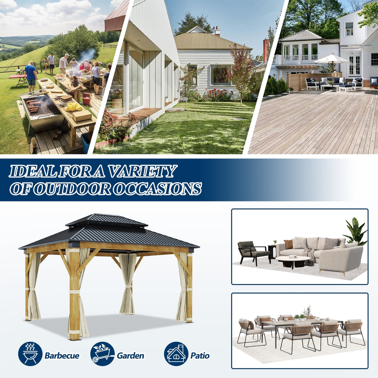 COVERONICS 11FT x 13FT Outdoor Cedar Wooden Gazebo - Patio Wood Frame Gazebo with Galvanized Steel Hardtop, Heavy-Duty Hardtop Gazebo with Netting & Curtains for Garden, Poolside, Deck, Backyard COVERONICS