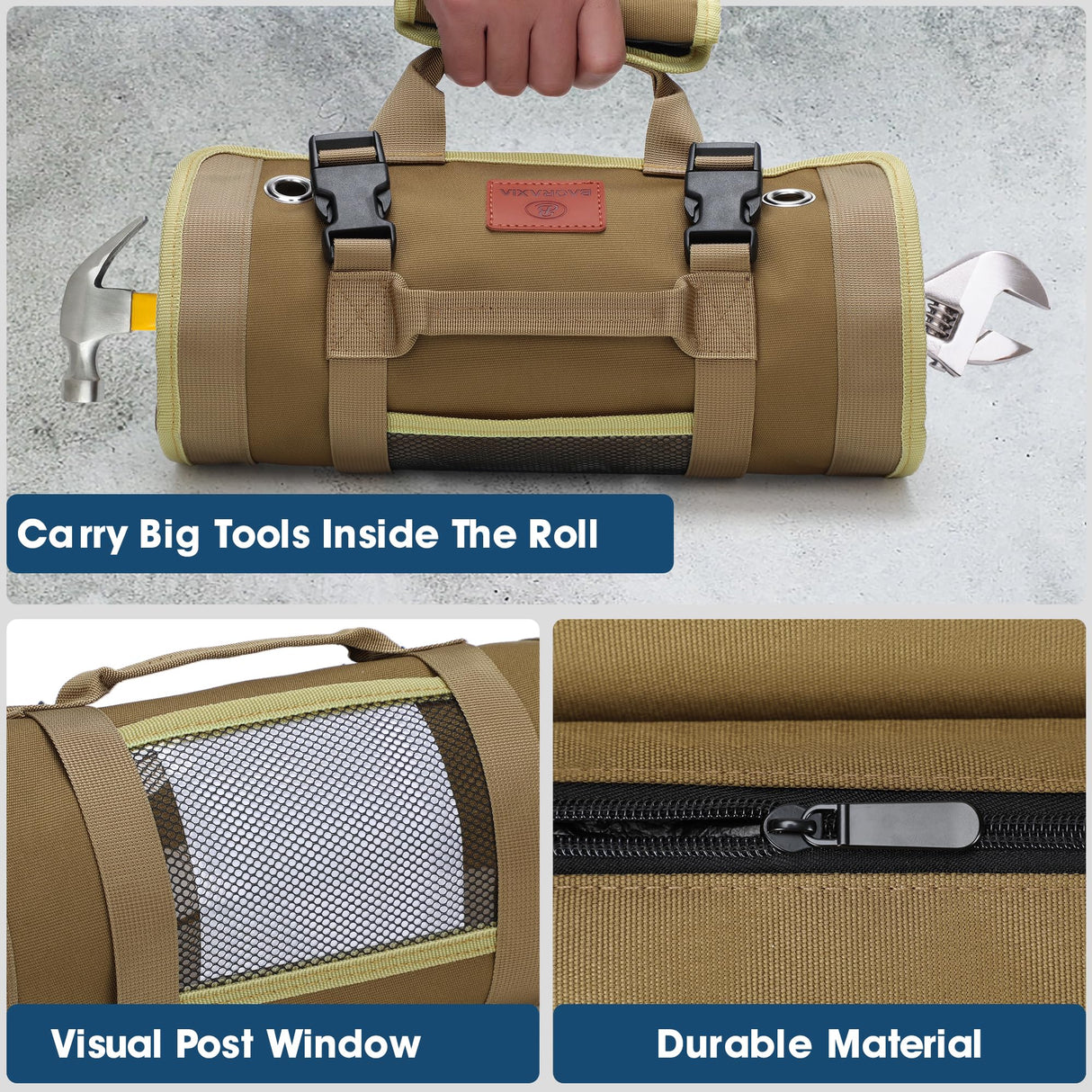 BAQRAXIA Tool Bag, Roll Up Small Tools Box Storage, Tool Gifts for Men Dad Husband Grandpa Him Birthday, Heavy Duty Tool Organizer with 2 Detachable Tool Pouch BAQRAXIA