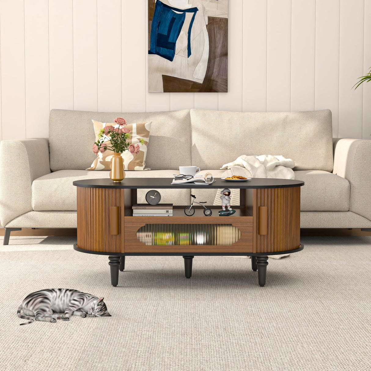 Fluted Round Coffee Table with Storage, Modern Oval Coffee Table with Drawer, Sliding Door, Low Small Center Tables for Living Room, Wooden Boho, Mid Century, Unique, Black and Walnut Jluomei