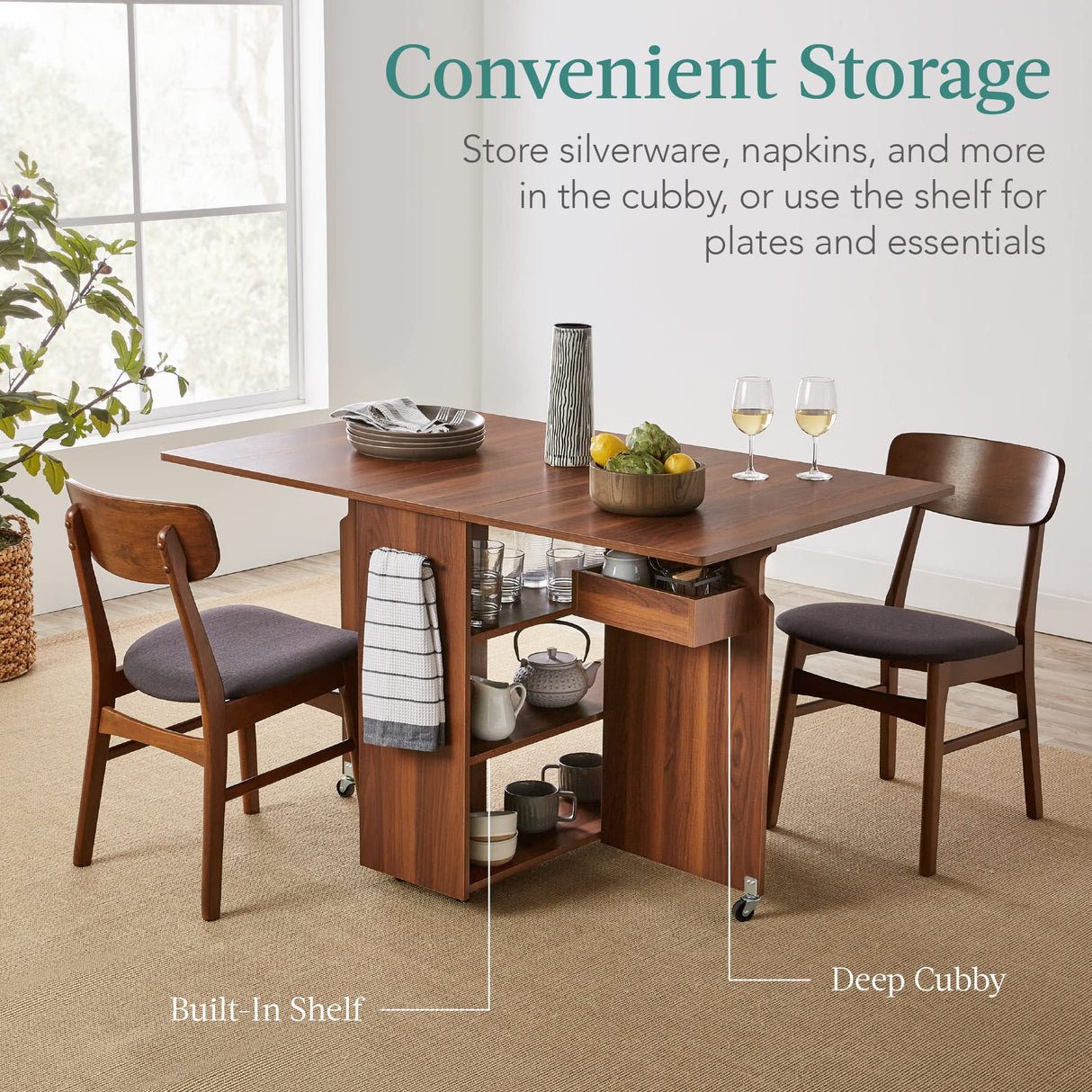 Best Choice Products Folding Dining Table, Multipurpose Space Saving Collapsible Drop Leaf Extension Desk w/Wheels, 3 Storage Shelves - Brown Best Choice Products