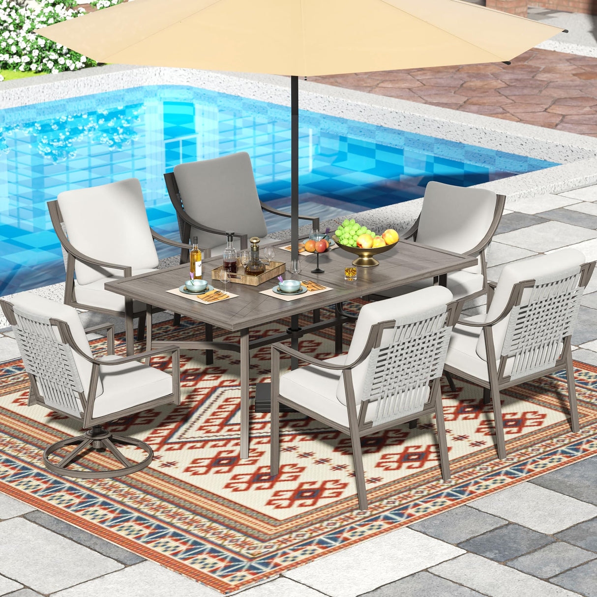 NATURAL EXPRESSIONS 7 Piece Patio Dining Table Outdoor Furniture Set for 6, 4Pcs Fixed and 2Pcs Swivel Patio Dining Chairs with Olefin Cushions, 65”Large Dining Table with Umbrella Hole NATURAL EXPRESSIONS