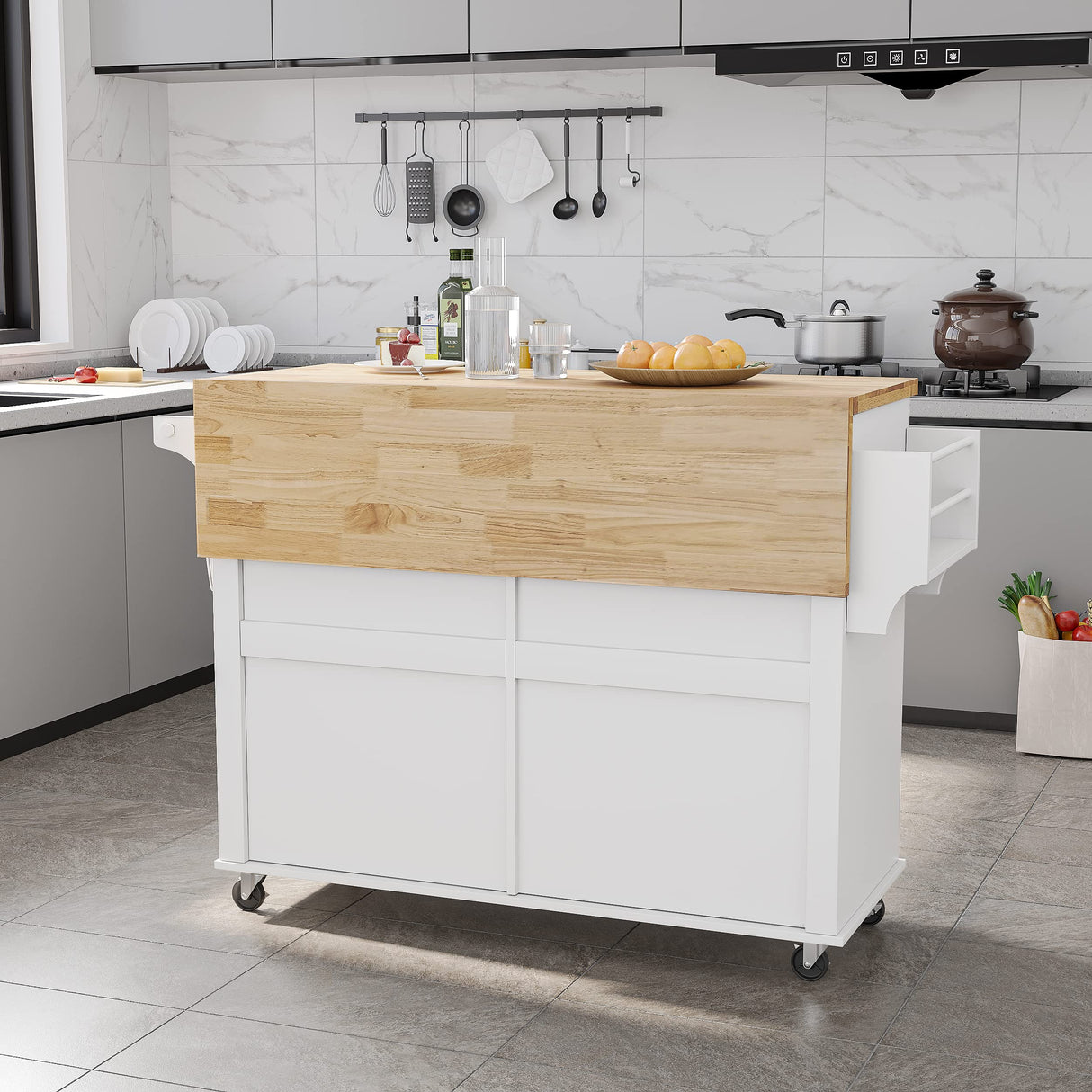 Squireewo Kitchen Cart with Wood Top and Drop Leaf Breakfast Bar, Rolling Mobile Kitchen Island Table on Wheels with Drawer and Storage Cabinet, Spice Rack, Towel Rack, White Squireewo