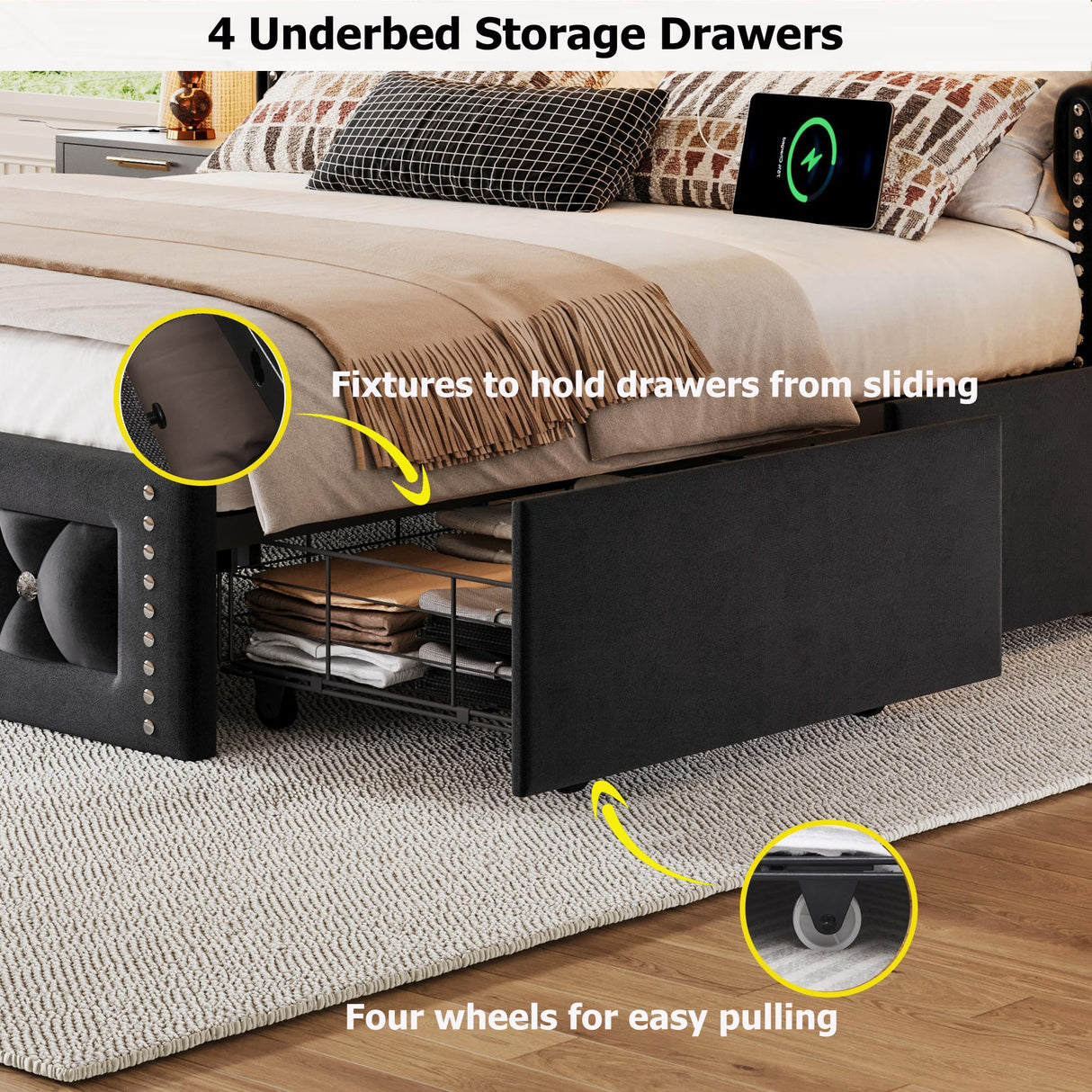 Ailisite Full Size Bed Frame with 4 Storage Drawers,Velvet Upholstered Full Platform Bed with Charging Station and Bookcase Storage Headboard, Led Full Bed Frame, No Box Spring Needed,Black Ailisite