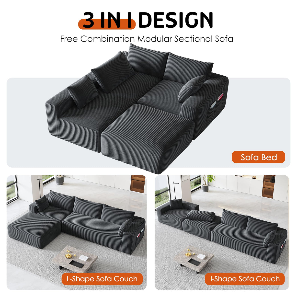 Domiqut 108”Modern Modular L-Shape Couch with Chaise, Modular Sectional Couches for Living Room, Deep Seat Boneless Sofa Bed, No Assembly Required Sleeper Sofa, Plush Corduroy Fabric, Dark Gray Domiqut