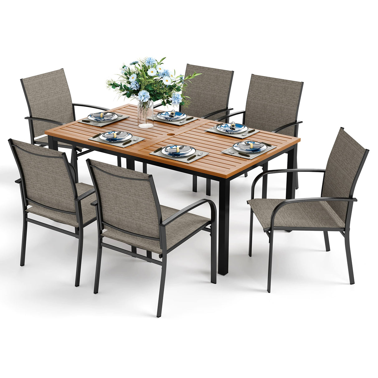 HERA'S HOUSE Outdoor Dining Set, 64" Wood Grain Rectangle Metal Table with Umbrella Hole and 6 Armrest Chairs, Patio Table and Chairs for Backyard Garden Porch HERA'S HOUSE