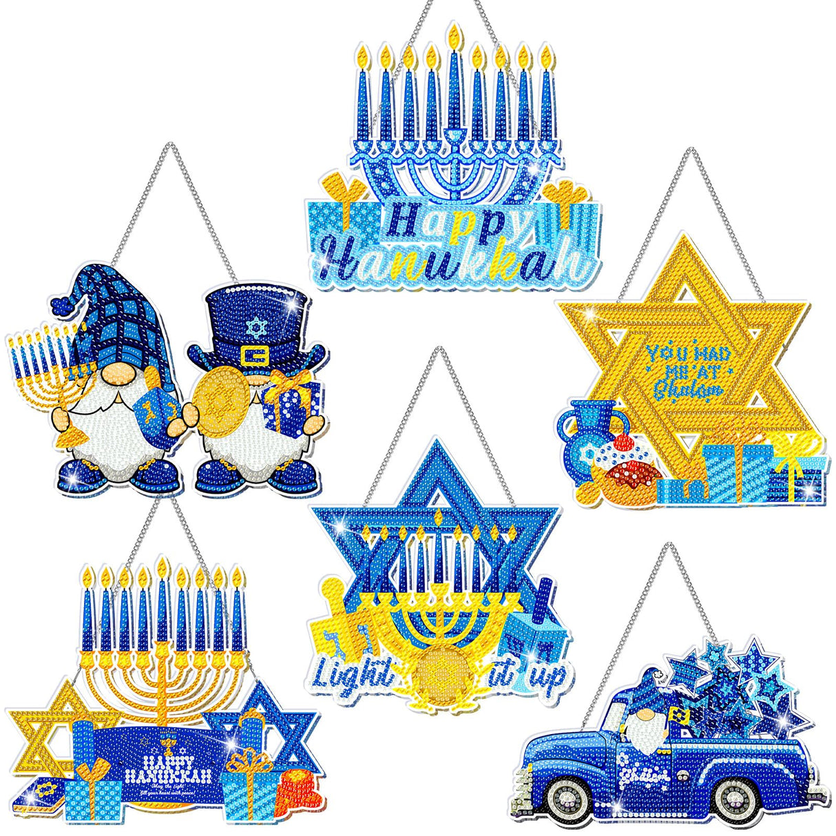 Zonon 6 Pcs Hanukkah Diamond Art Painting Hanging Sign Set Hanukkah Star Diamond Art Adults 5d DIY Craft Acrylic Pendant Ornaments Kits for Home Wall Door Window Decor Zonon