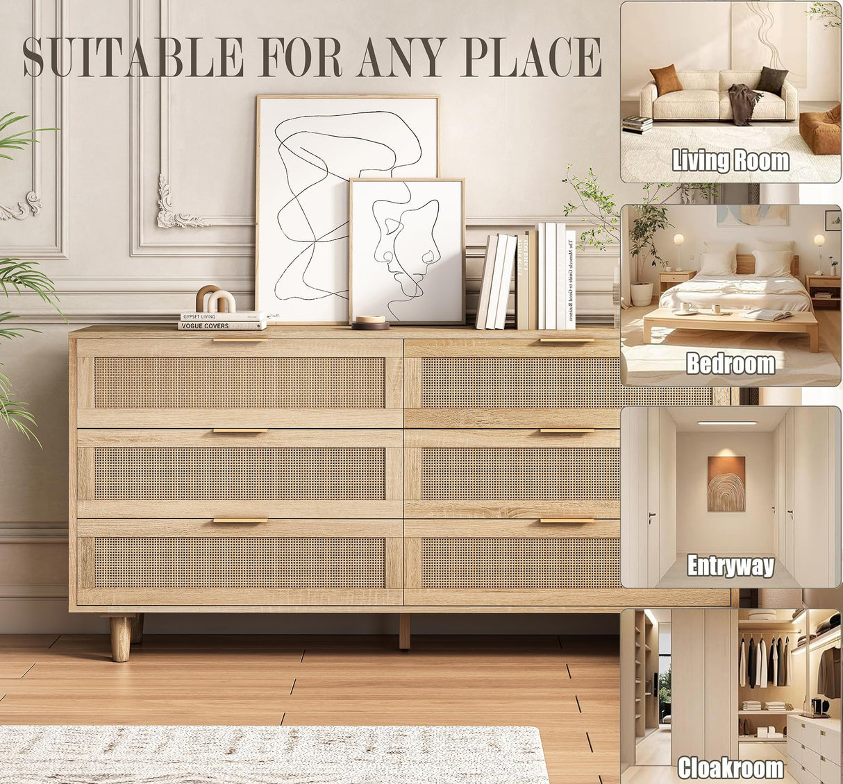 6 Drawer Double Dresser for Bedroom,Natural Rattan Modern Drawer Chest,Wooden Storage Wardrobe Dresser with Gold Handles,Floor Standing Storage Cabinet, for Entrance,Living Room,Hallway-Natural Generic
