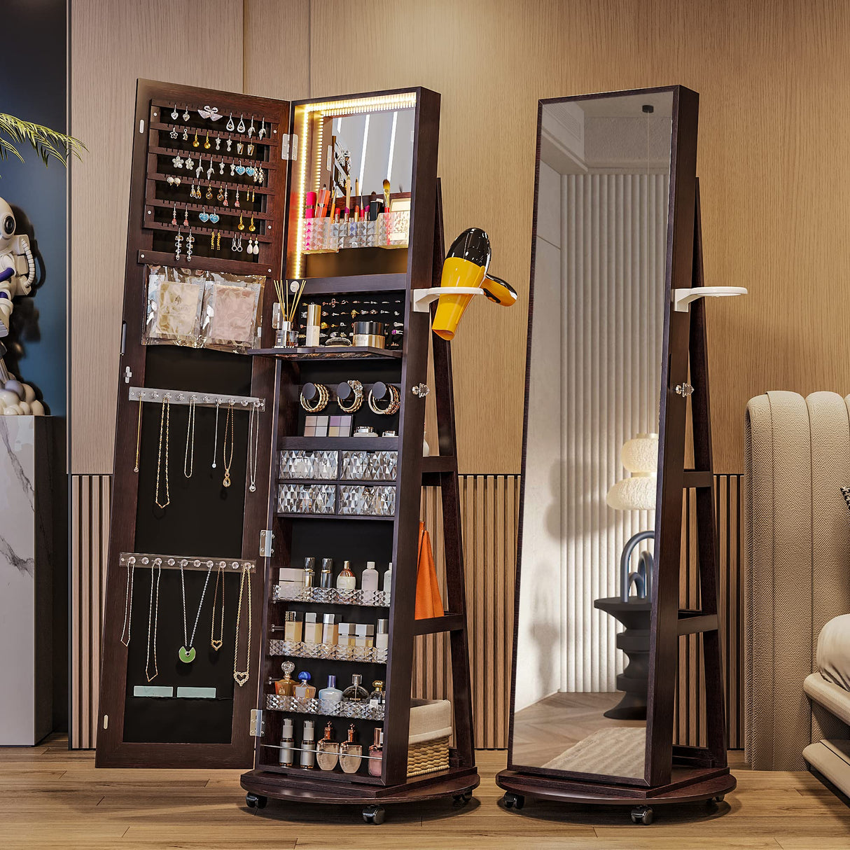 HNEBC 360° Swivel Jewelry Armoire with Mirror, LED Mirror Jewelry Cabinet Standing, Full Length Mirror with Jewelry Storage, Standing Jewelry Organizer/Lockable Wheels/Foldable Makeup Shelf (Brown) HNEBC