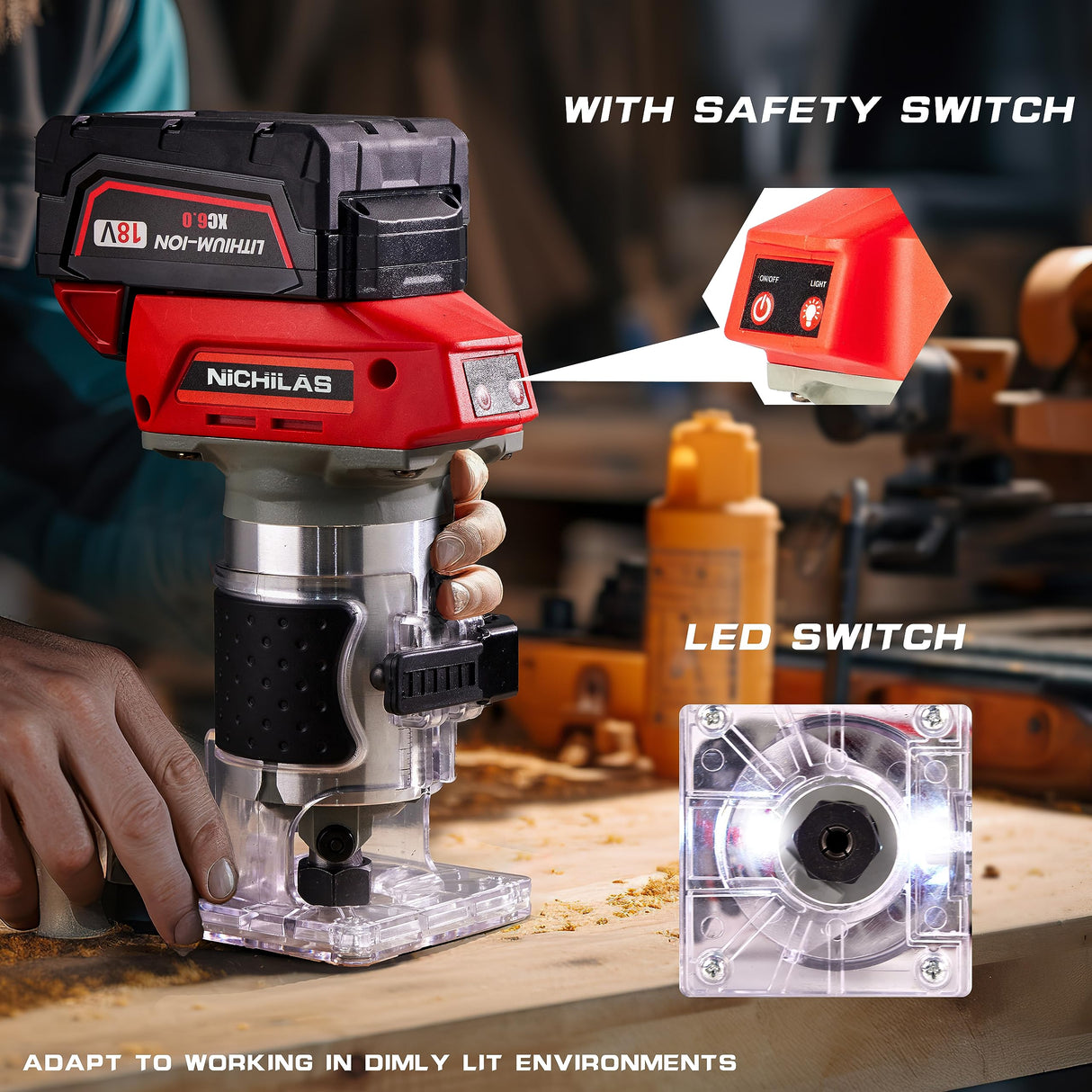 Nichilas Cordless Trimmer Routers for Milwaukee M18 Battery, Woodworking Joiner, Cutting Palmming Tool 6 Speed Adjustable, LED Light, 1/4" Collet with Guide Ruler and Wheel Nichilas