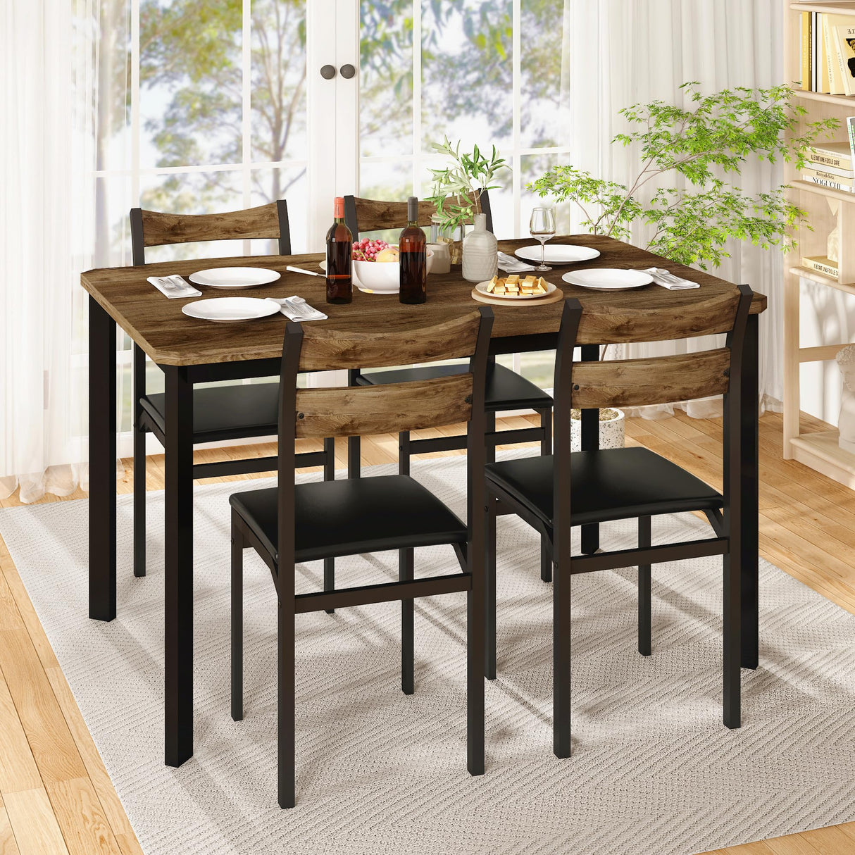 DKLGG Dining Table Set for 4, 43.3" Dining Room Table with 4 Upholstered PU Leather Chairs, Modern Wood Kitchen Table and Chairs Set, 5-Piece Dinette DKLGG