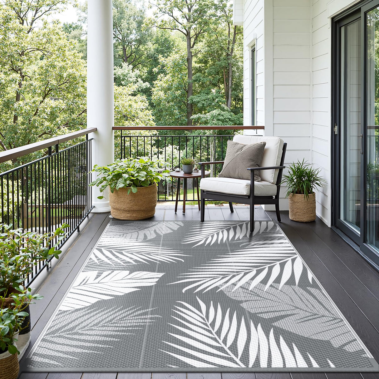 sarben Outdoor Rug 4’x6’ Waterproof for Patio Clearance, Reversible Indoor Outdoor Plastic Straw Camping Rug Carpet, RV Mat, Large Area Rug for Deck, Backyard, Balcony, Porch, Beach, Grey & White sarben