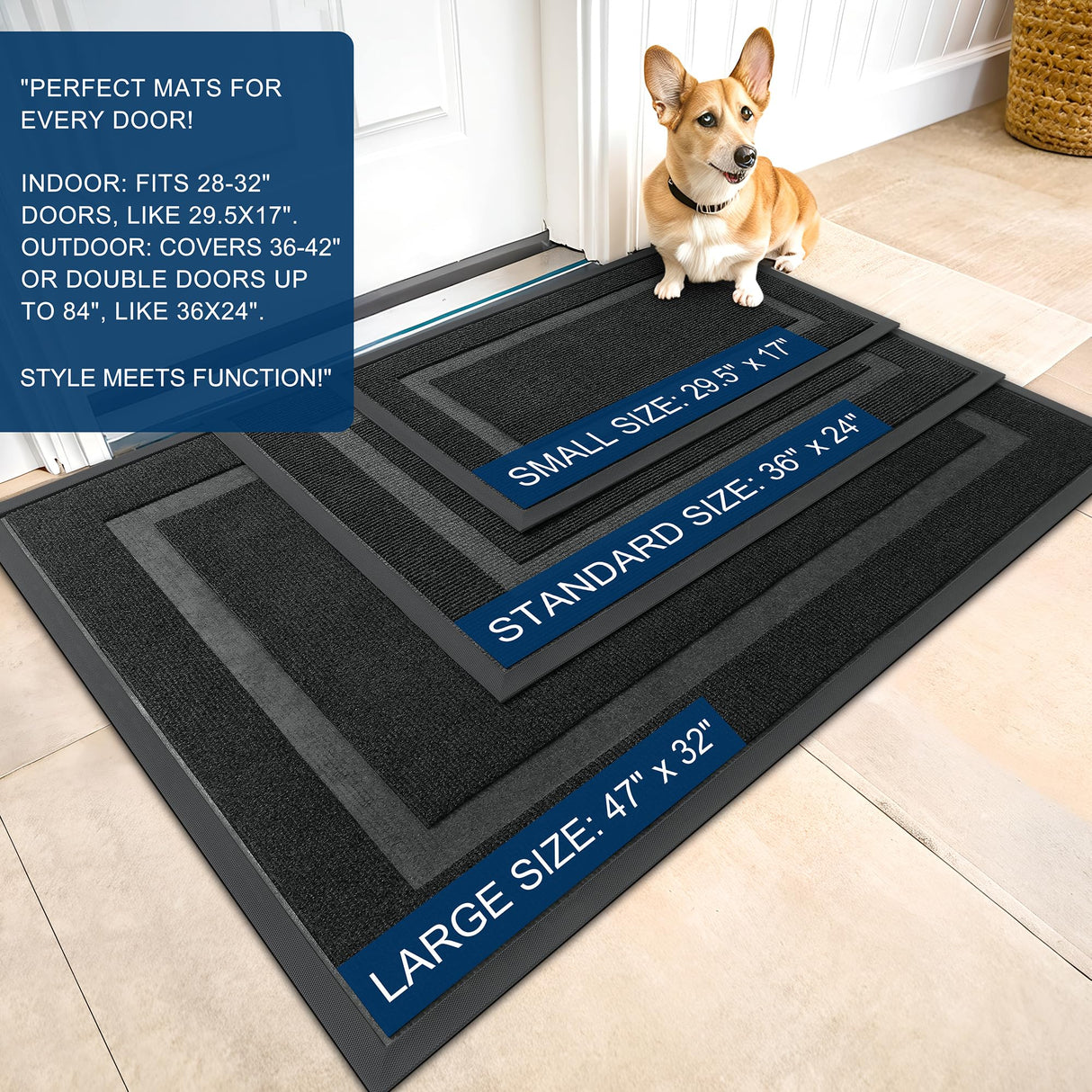 OLANLY Front Door Mat Indoor Outdoor Entrance, Waterproof All-Season, All-Weather Doormat, Sturdy Natural Rubber, Fade Resistant, Low Profile, Easy Clean Patio Porch Entryway Mat, 29.5x17, Black OLANLY