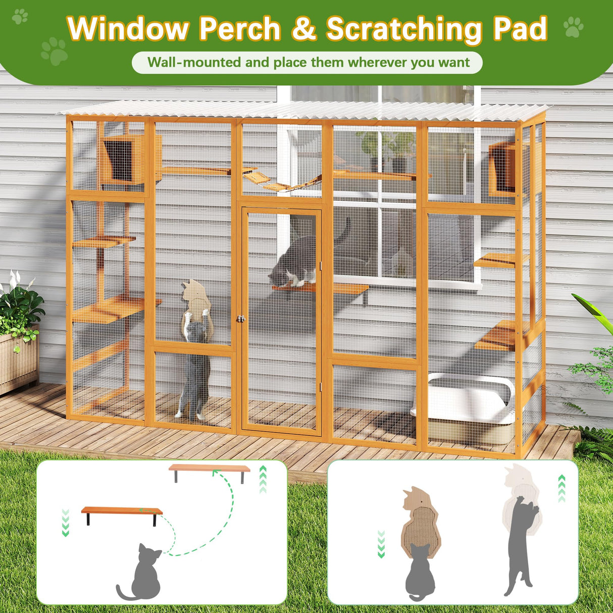 104" L Catio Outdoor Cat Enclosure Window, Wooden Walk-in Expandable Outdoor Large Cat Cattery for Multiple Kitties, Weatherpoof, Orange COZIVVOVV