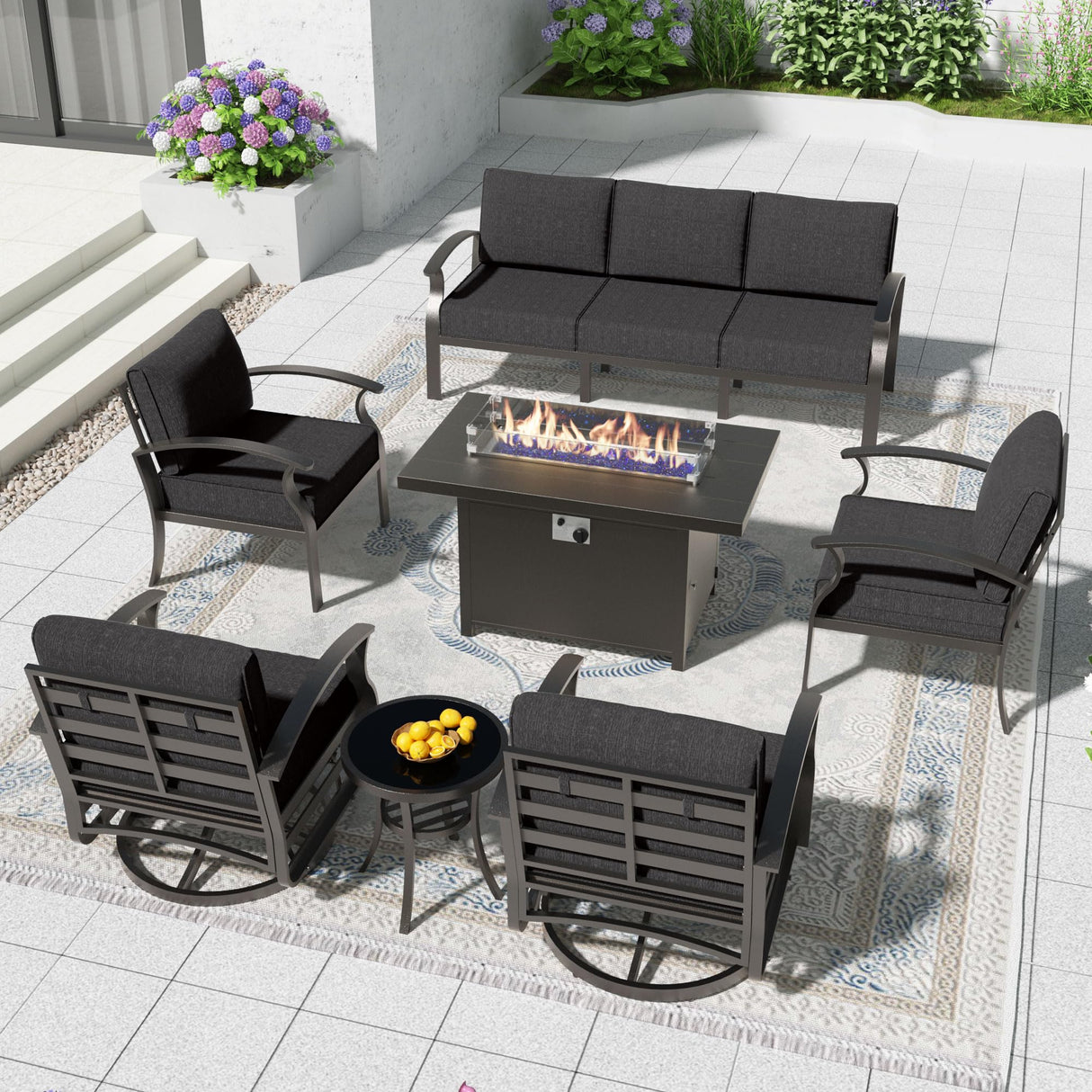 Trumbeak Aluminum Patio Furniture Set with 55,000 BTU Propane Fire Pit Table,7 Seats Metal Modern Outdoor Furniture w/5.1" Cushions,Patio Sectional w/Swivel Chairs for Patio,Backyard,Black Trumbeak