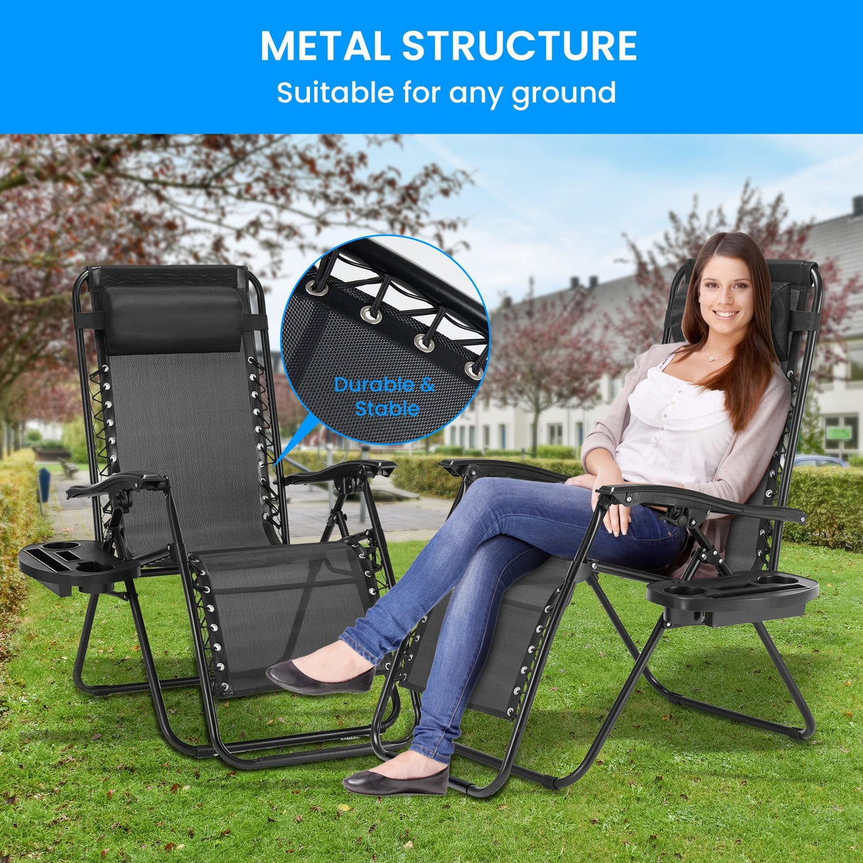 Simple Deluxe 2 Set Zero Gravity Chairs Patio Portable Reclining Folding Lounge Chair Beach Camping Chairs with Pillow and Cup Holder Trays for Garden, Lawn, Black Simple Deluxe