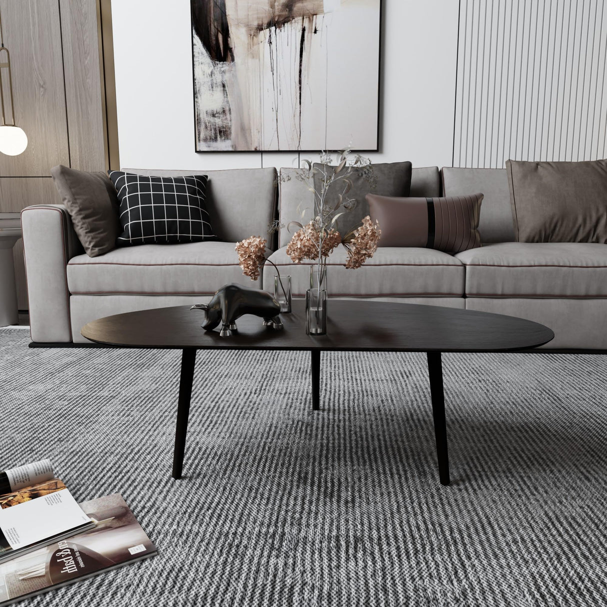 XINNAN Small Oval Coffee Table Mid Century Modern for Living Room, Center Table,Solid Wood Coffee Table,Nature Wood (Black, 18.9" D x 33.85" W 12.4" H) XINNAN