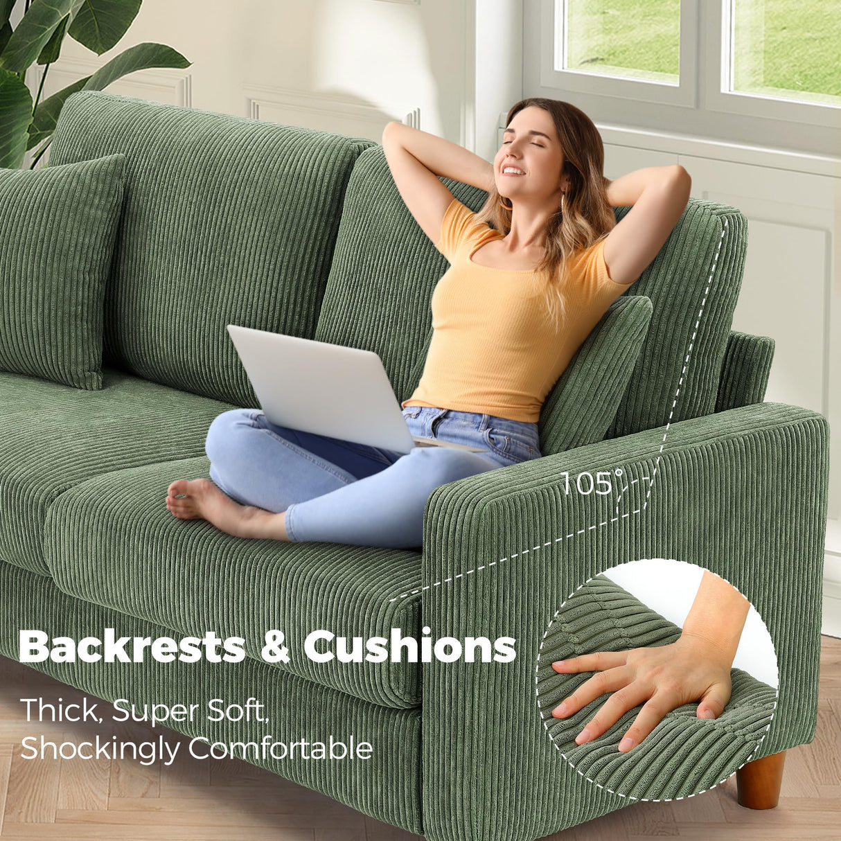 Kidirect 70in Corduroy Couch, Sofas for Living Room No Tool Assembly, Comfy Couches for Living Room 21in Deep Seats, Oversized Loveseat Sofa with 2 Pillows, 3 Seater Couch for Bedroom, Green Sofa Kidirect