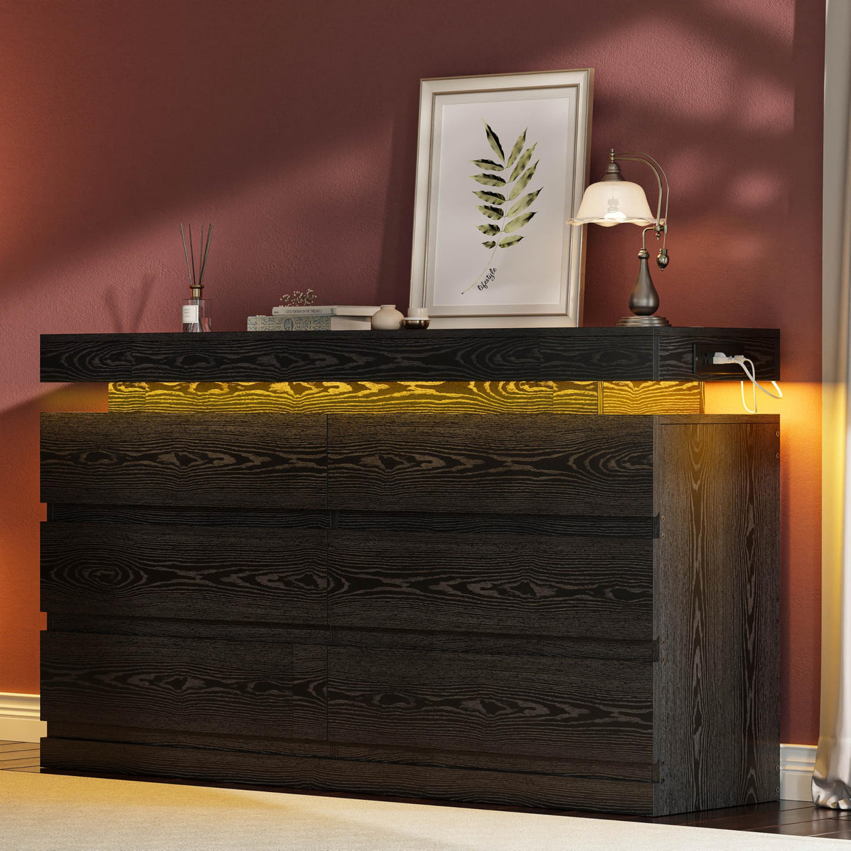 LIKIMIO 59" 6 Drawers Dresser for Bedroom, with LED & Power Strip, Large Wood Dressers & Chest of Drawers, Wide Storage Cabinet, Black LIKIMIO