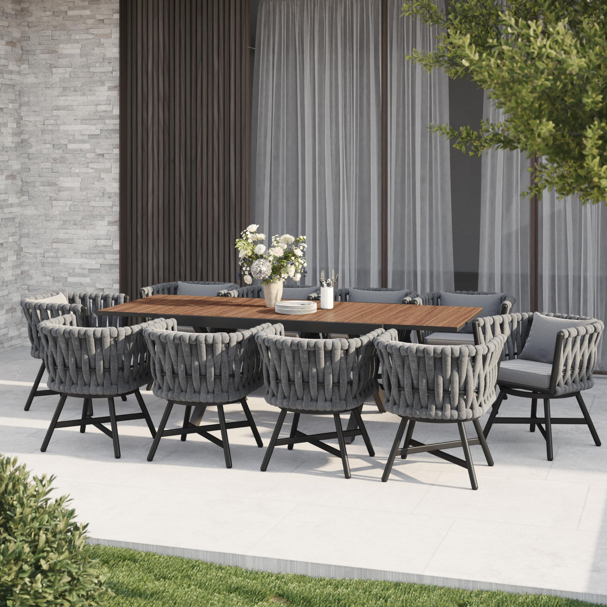 Grand patio 11-Piece Outdoor Dining Set for 10, Patio Dining Furniture Set for 10 Swivel Rope Wicker Chairs & 1 Extendable Rectangular Dining Table, Dark Grey Grand patio
