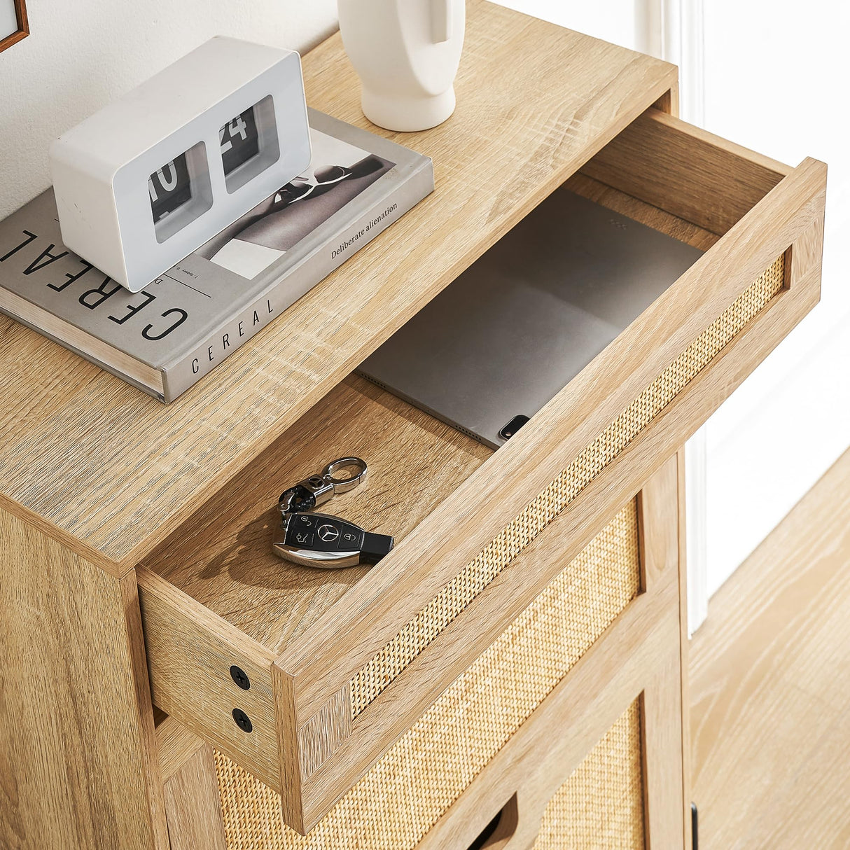 IDEALHOUSE Rattan Shoe Cabinet with 2 Flip Door 1 Drawer Wooden Free Standing Shoe Racks, Shoe Storage Organizer Shoe Rack for Entryway, Hallway, Living Room (Oak) IDEALHOUSE