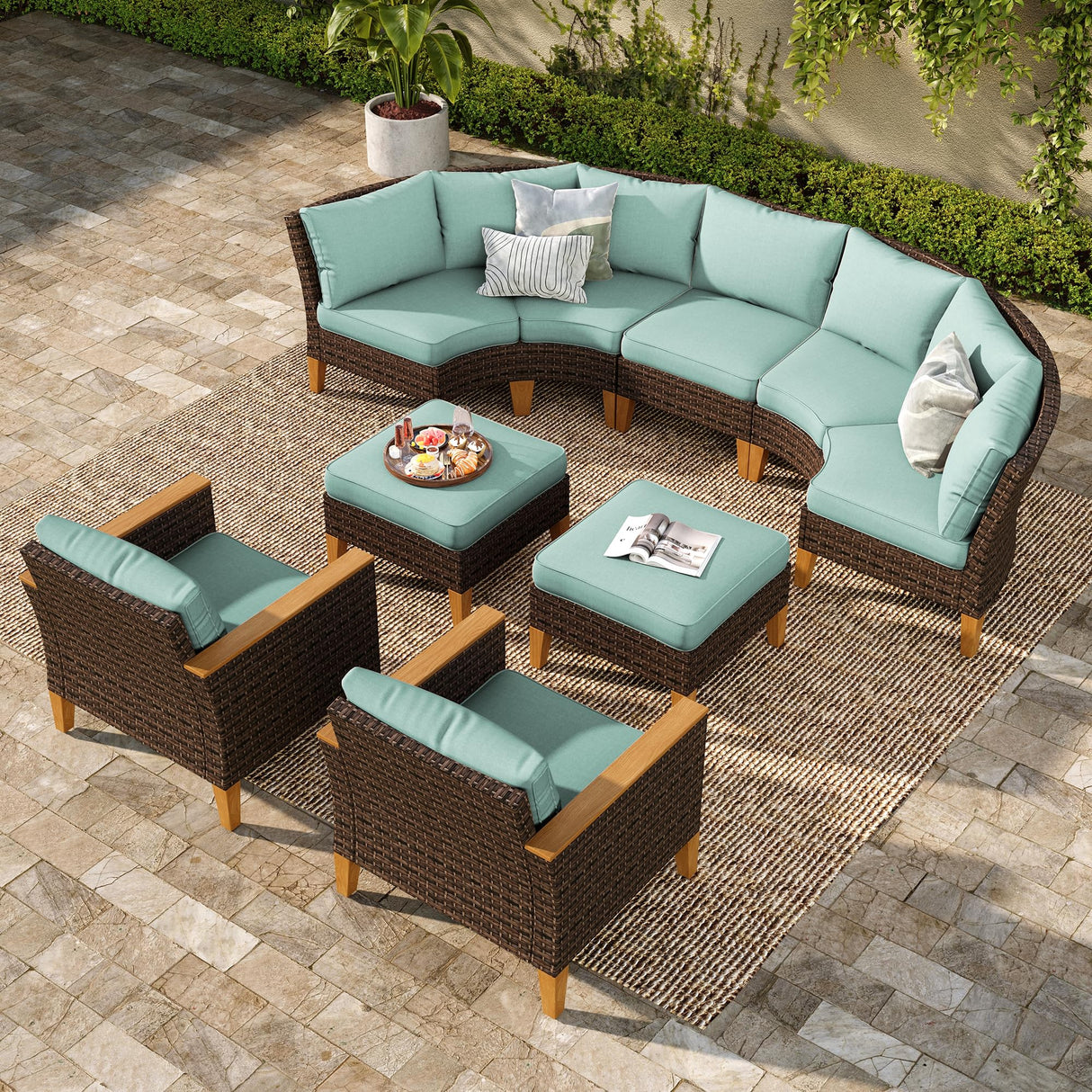 PHI VILLA 7-Piece Wicker Patio Furniture Set, Outdoor Half-Moon Curved Sectional Sofa with Thick Aqua Blue Cushions, 2 Ottomans, 2 Single Seats, Large Conversation Seating for Garden or Backyard PHI VILLA