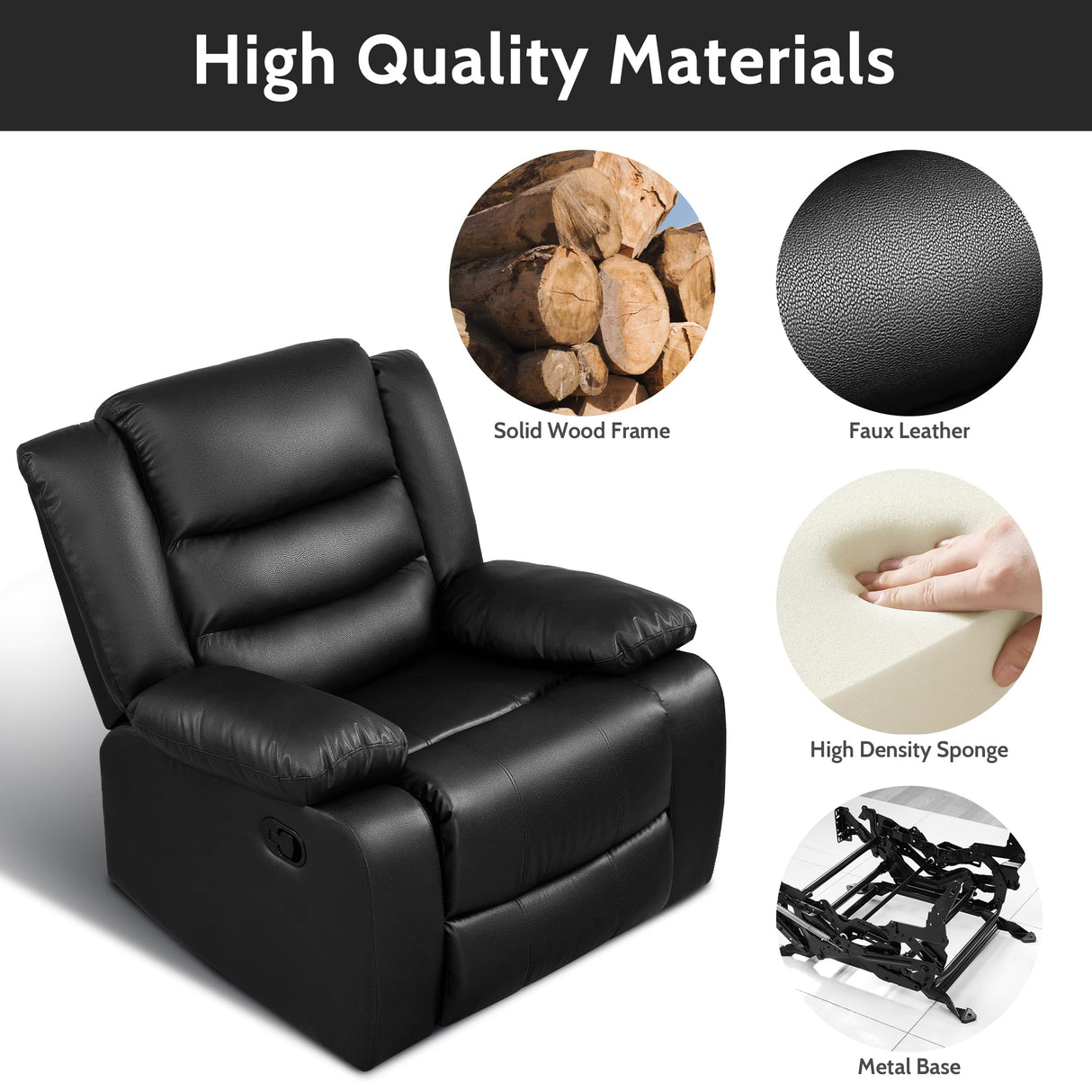 PrimeZone Oversized Rocker Recliner Chair - Comfy Wide Lazy Boy Recliner Chair with Overstuffed Armrest, Faux Leather Manual Reclining Chairs for Living Room, Bedroom, Home Theater Seating, Black PrimeZone