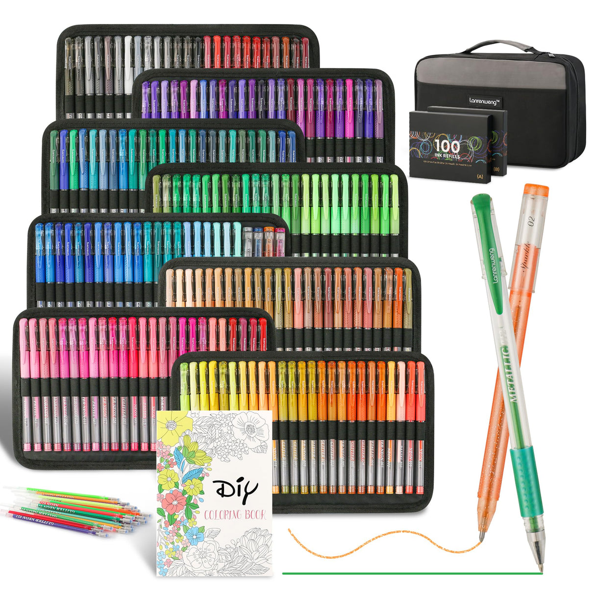 LANRENWENG 400 Pack Gel Pens for Adult Coloring Books, 200 Colored Gel Pen Include 200 Refills with 40% More Ink,Glitter Gel Pens Set for Coloring Books Drawing Journaling Scrapbook Art Supplies LANRENWENG
