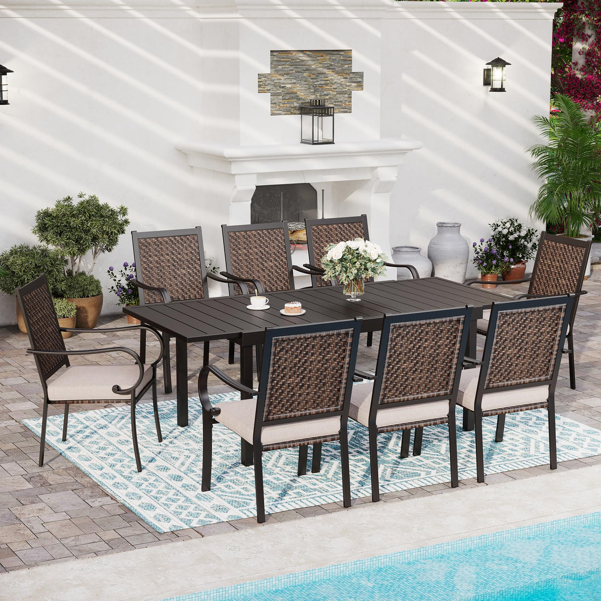 SUNSHINE VALLEY 9 Piece Wicker Patio Dining Sets, Outdoor Dining Sets for 8, 1 Expandable Metal Dining Table & 8 Patio Dining Chairs with Cushion All Weather Outdoor Table and Chair Sets for Backyard SUNSHINE VALLEY