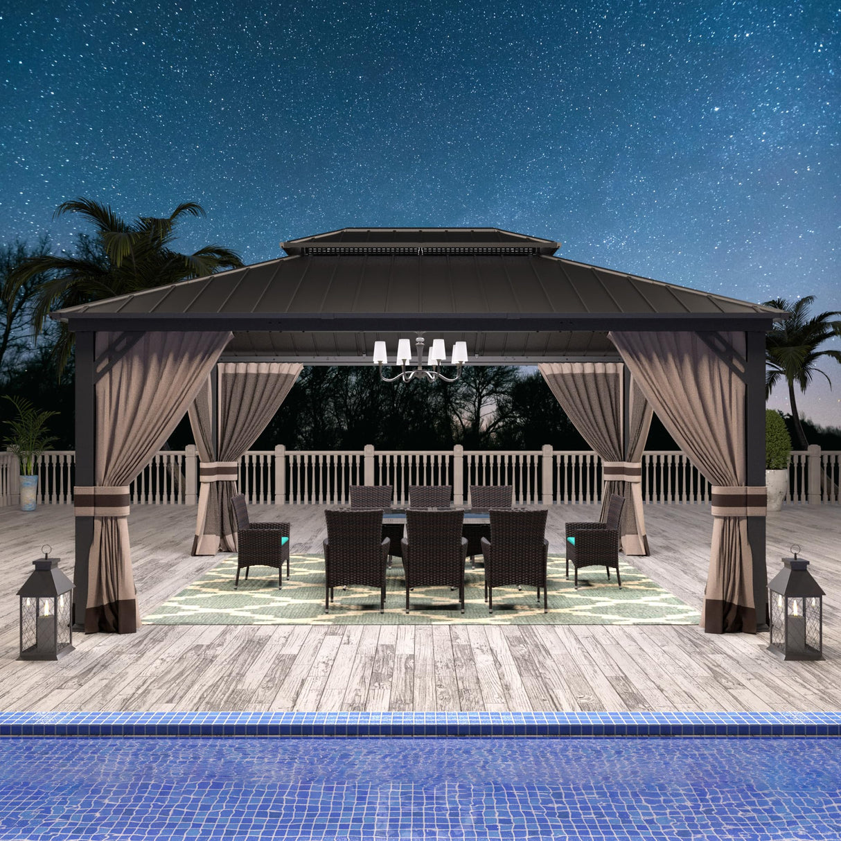 Gotland 2024 New 12' x 16' Hardtop Gazebo, Outdoor Iron Metal Double Roof Pergola with Curtains and Netting for Patio, Garden, Lawn, Khaki Gotland